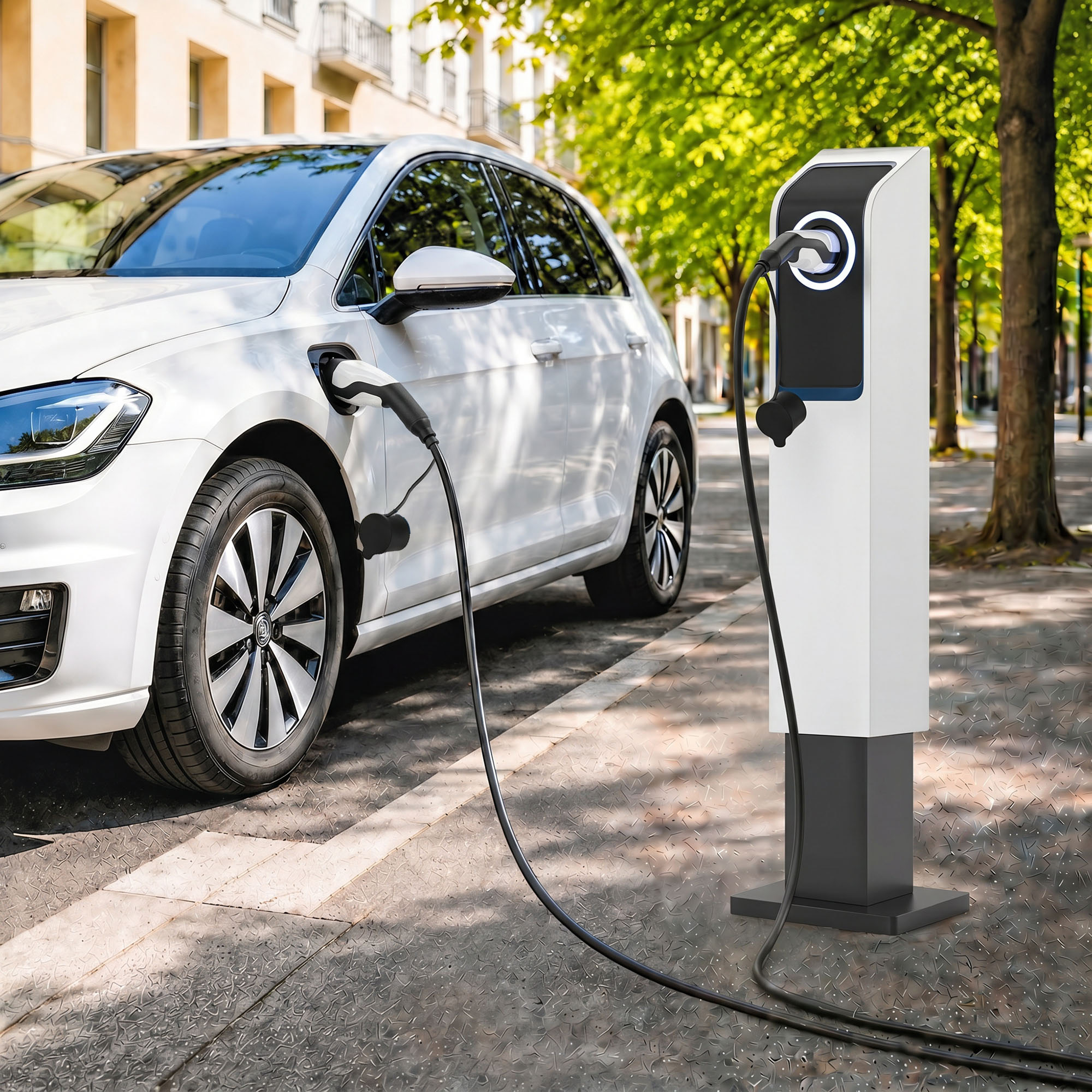 Un coche eléctrico blanco se carga en una estación de carga en la calle, rodeado de árboles y edificios.
