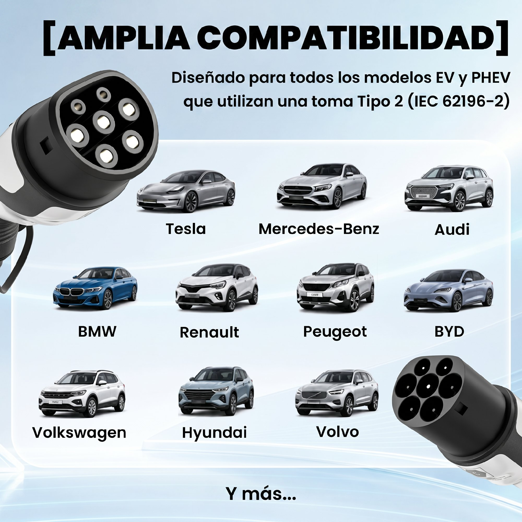 Conector de cargador EV Tipo 2 con marcas compatibles como Tesla, Mercedes, Audi, BMW y más sobre fondo azul.