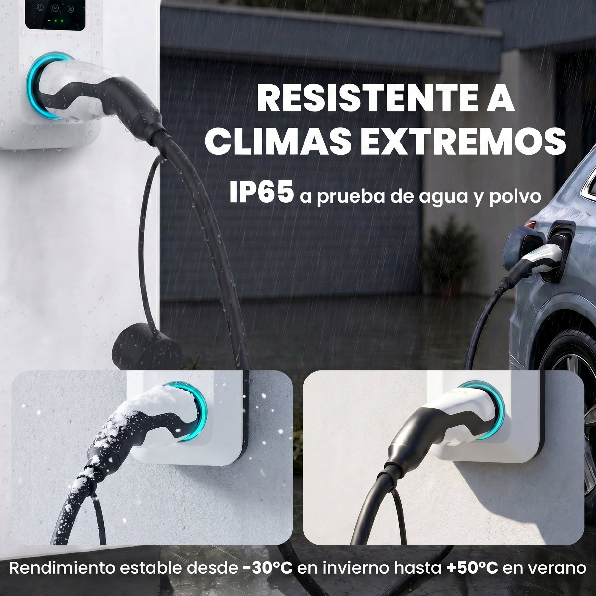 Un cargador para VE al aire libre, con imágenes que muestran su funcionamiento en nieve y sol.