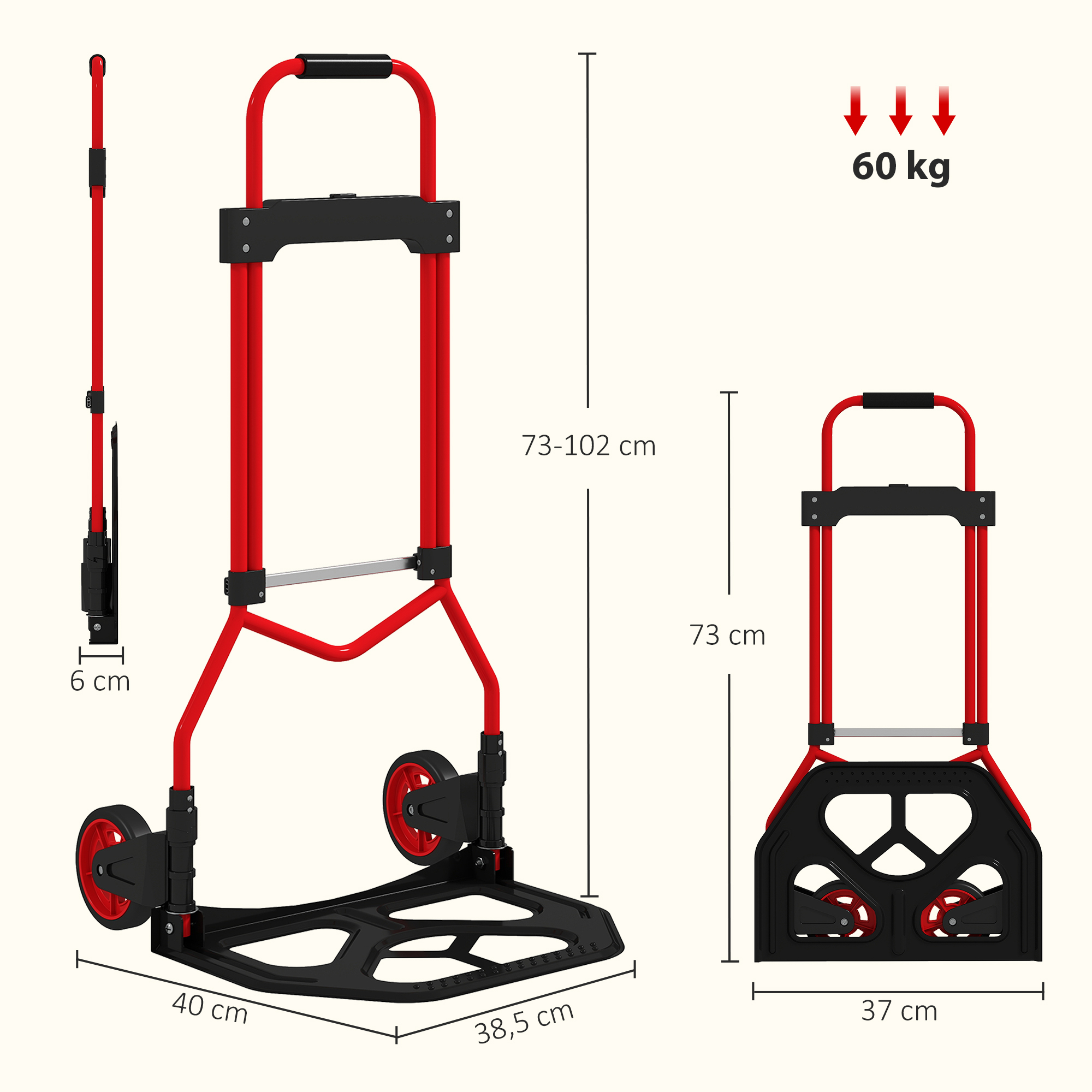 Carretilla plegable roja y negra con dimensiones y etiqueta de 60 kg mostrada desde múltiples ángulos.