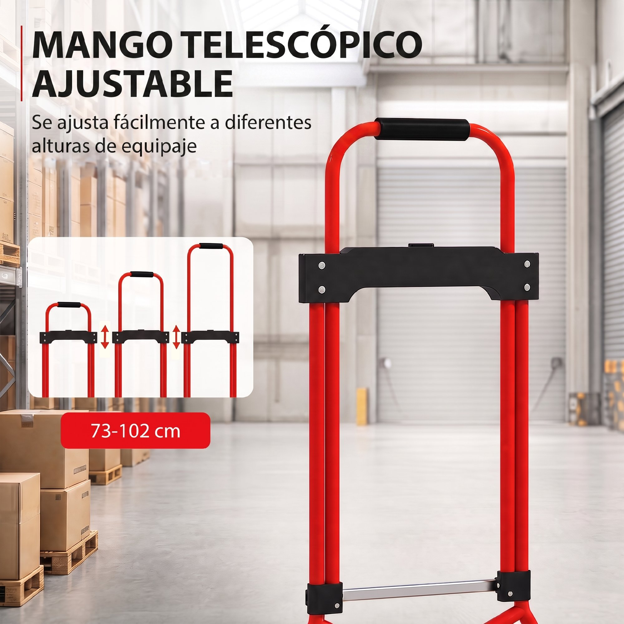 Un mango telescópico rojo ajustable para equipaje en un almacén, con texto superpuesto.