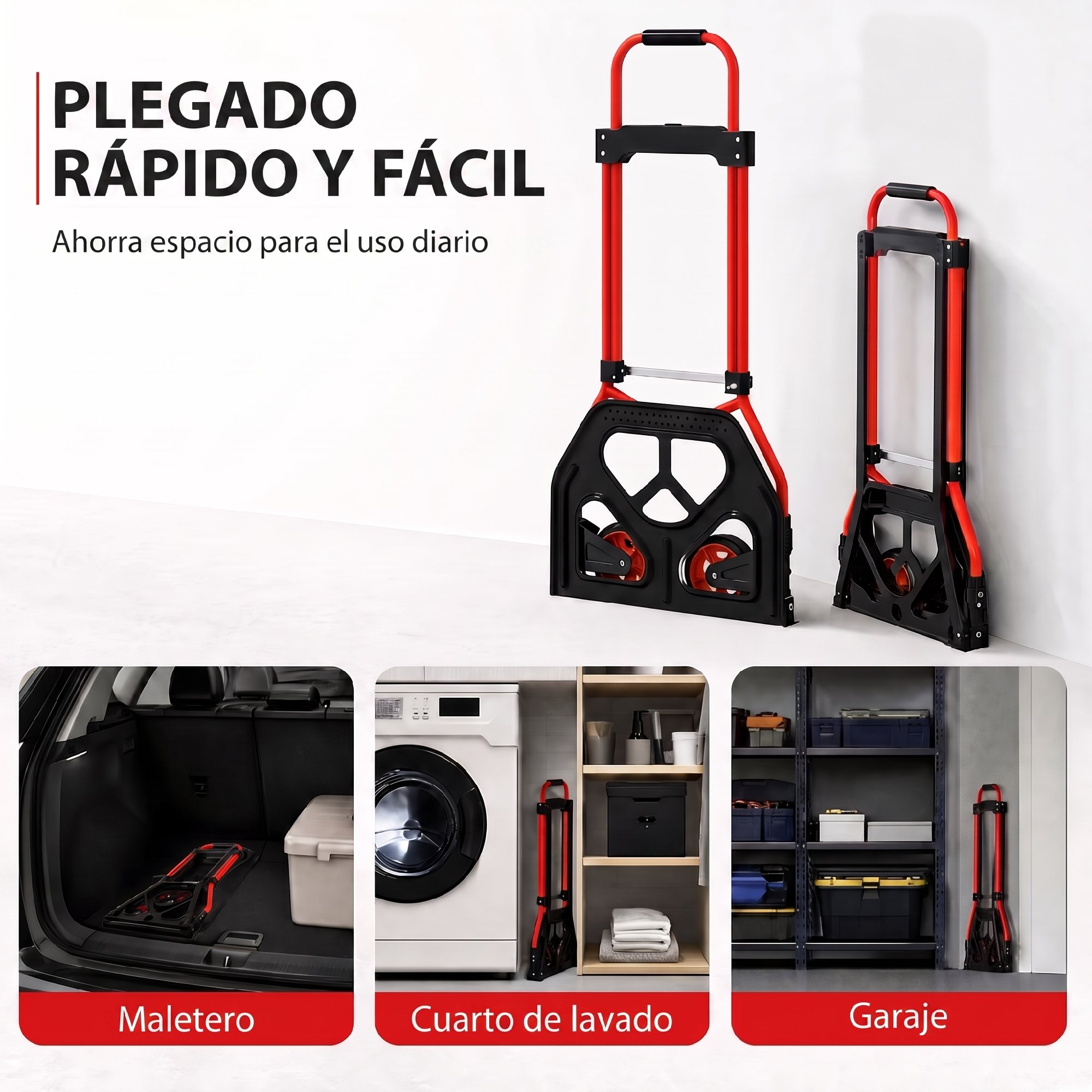 Dos carretillas de mano rojas plegables mostradas en diferentes tamaños con ejemplos de uso en maletero, lavadero y garaje.