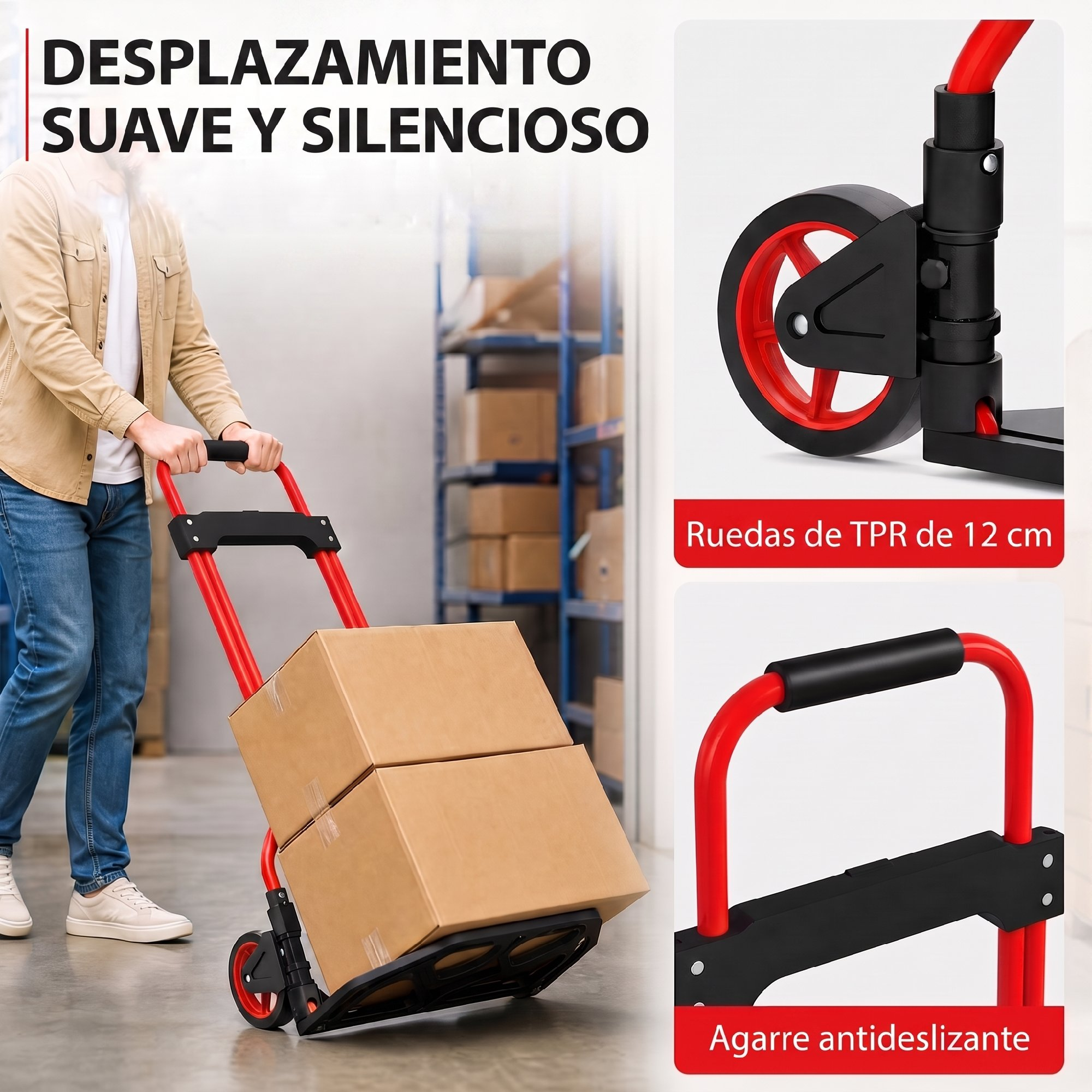 Una persona empuja una carretilla roja con cajas, mostrando su rueda y mango antideslizante.