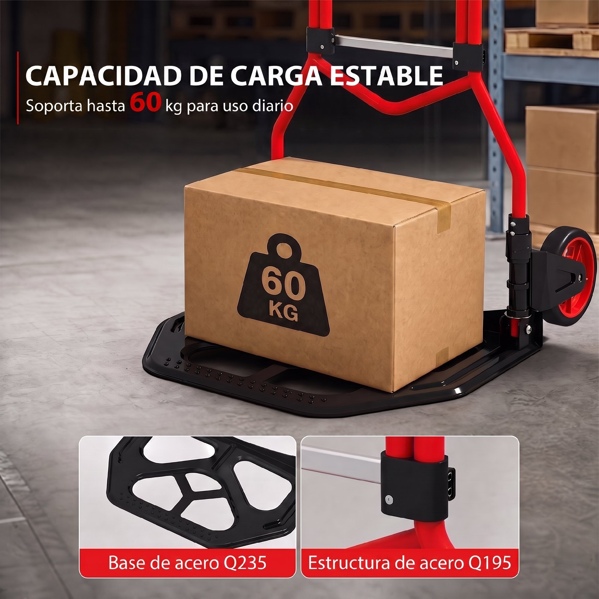 Carretilla roja con base de acero negra transporta una caja etiquetada con 60 kg en un almacén.