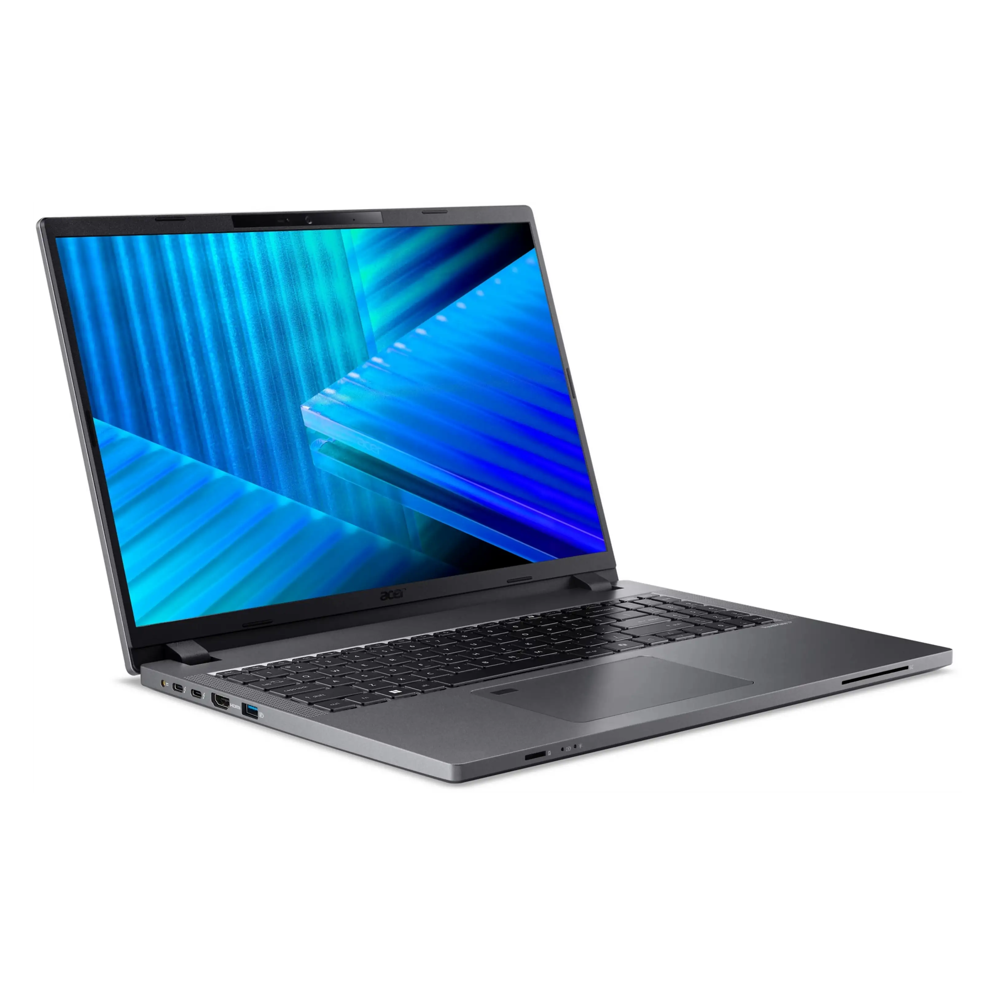 Un computer portatile Acer grigio con uno sfondo blu vibrante sullo schermo è posizionato su una superficie bianca.