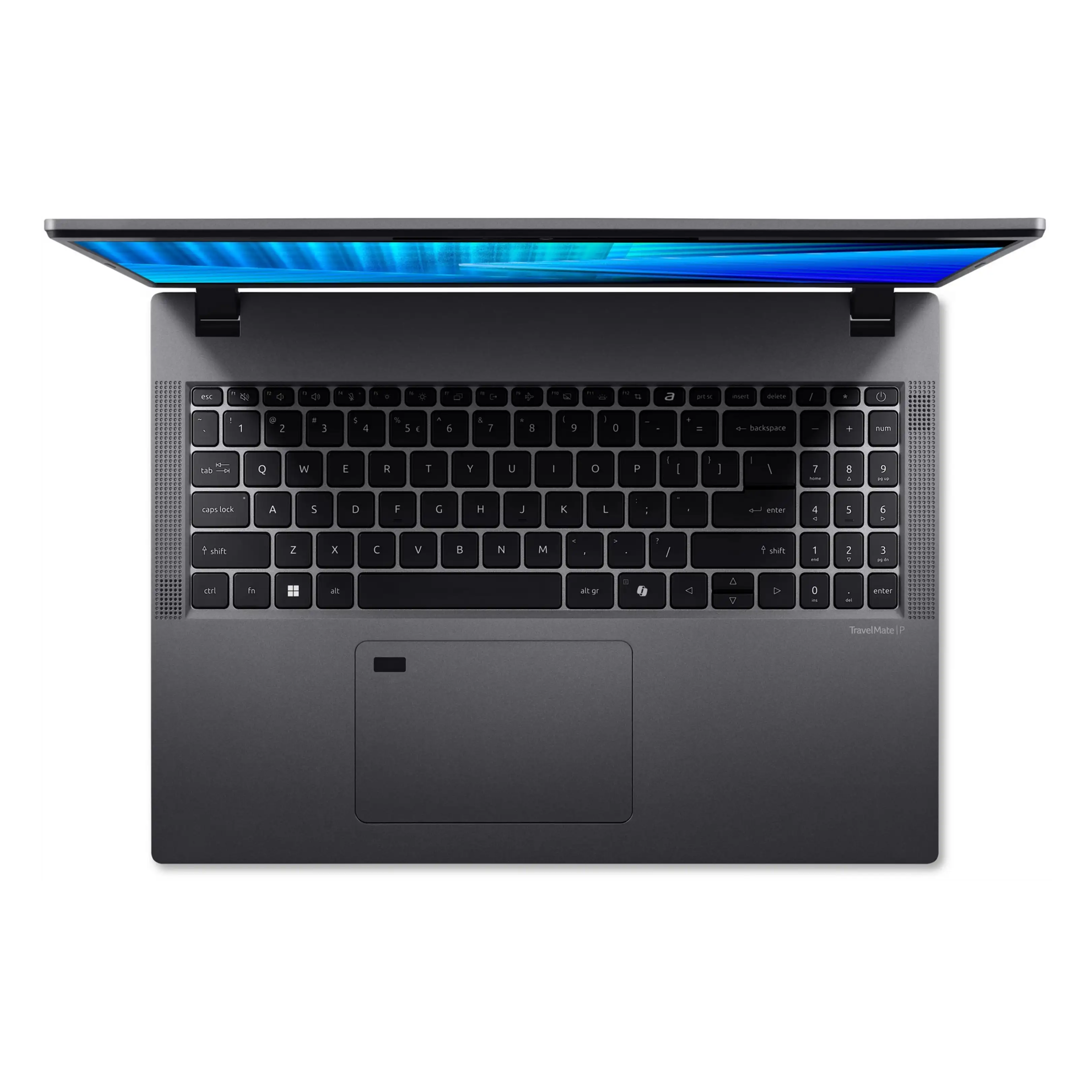 Vista dall'alto di un laptop grigio con tastiera, tastierino numerico, touchpad e schermo blu.