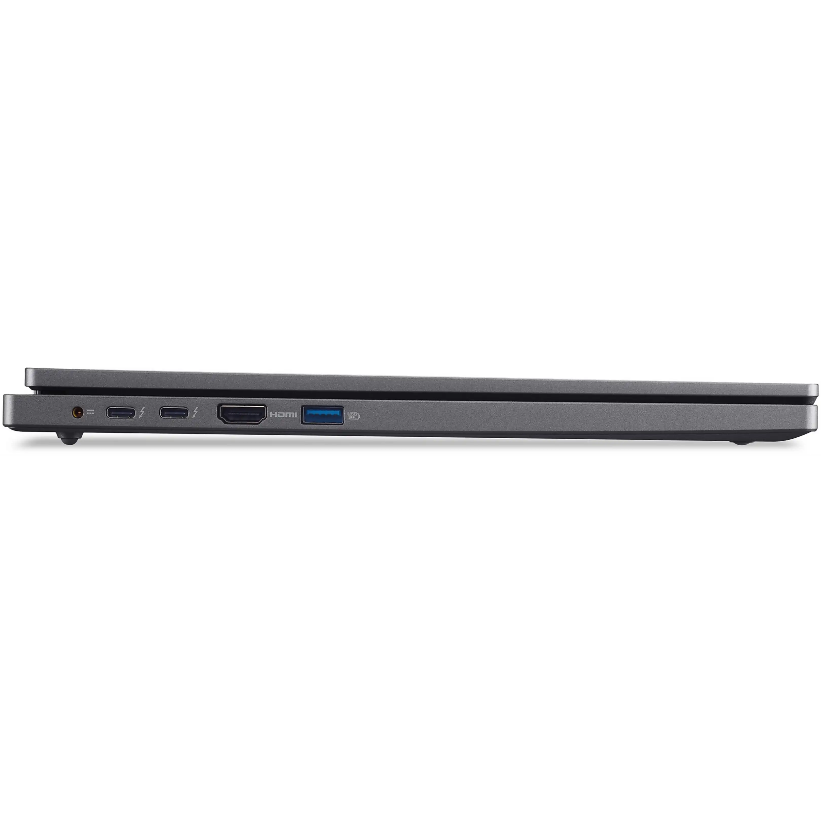 Profilo laterale di un laptop grigio con porta di carica, due USB-C, HDMI e USB-A.