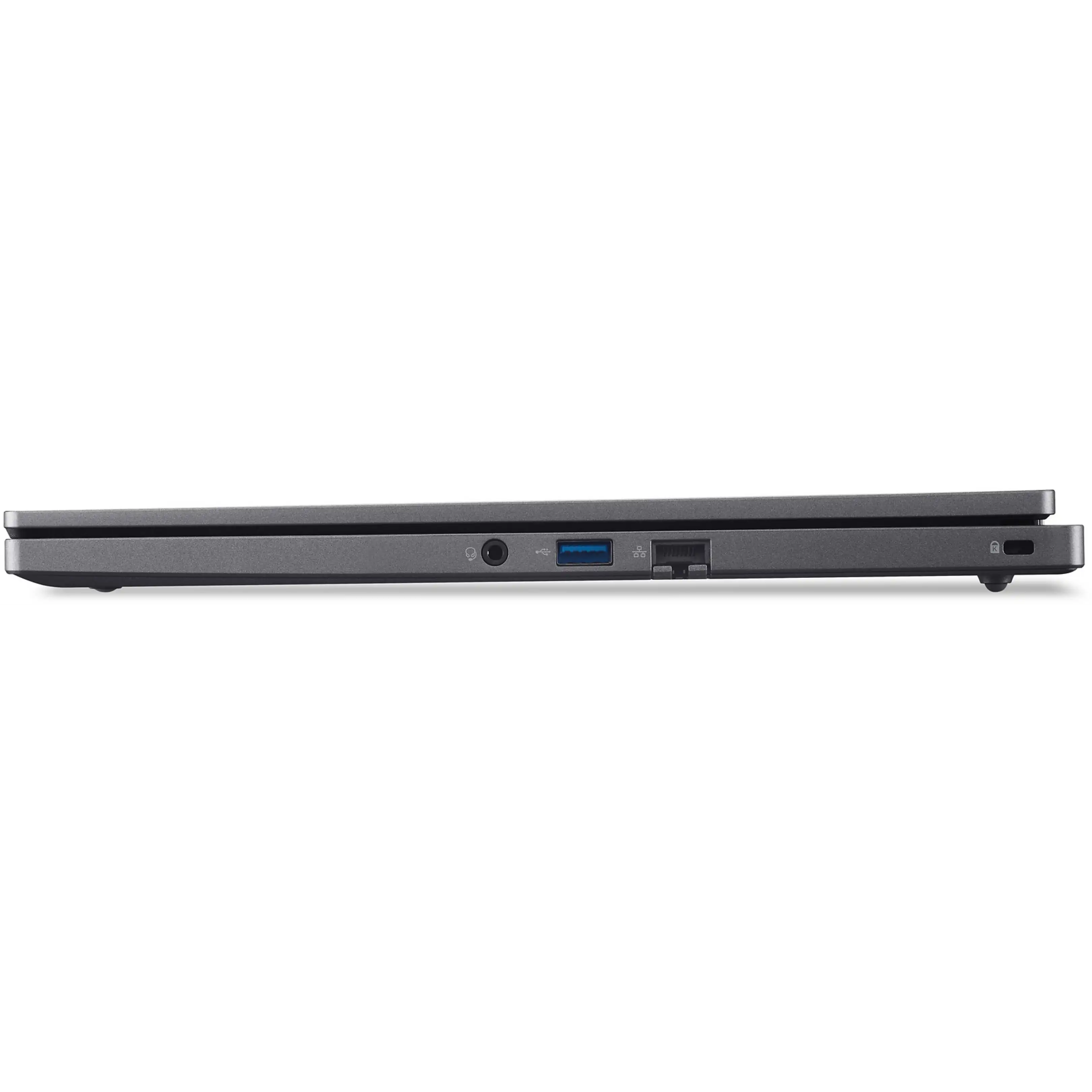 Lato sinistro di un laptop grigio con porte audio, USB, ethernet e slot di sicurezza.