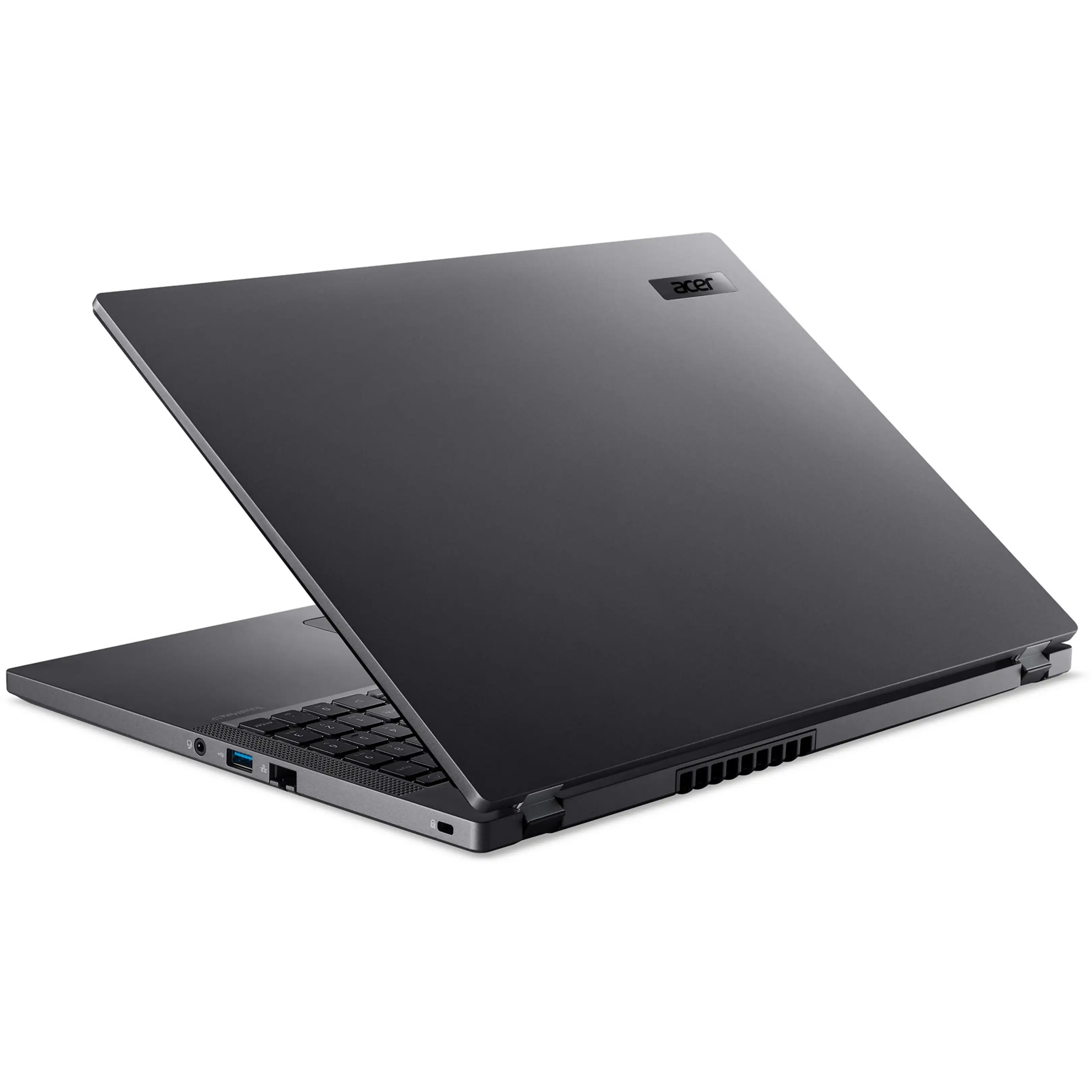 Un laptop Acer grigio scuro chiuso visto da dietro a destra, che mostra le porte e la base.