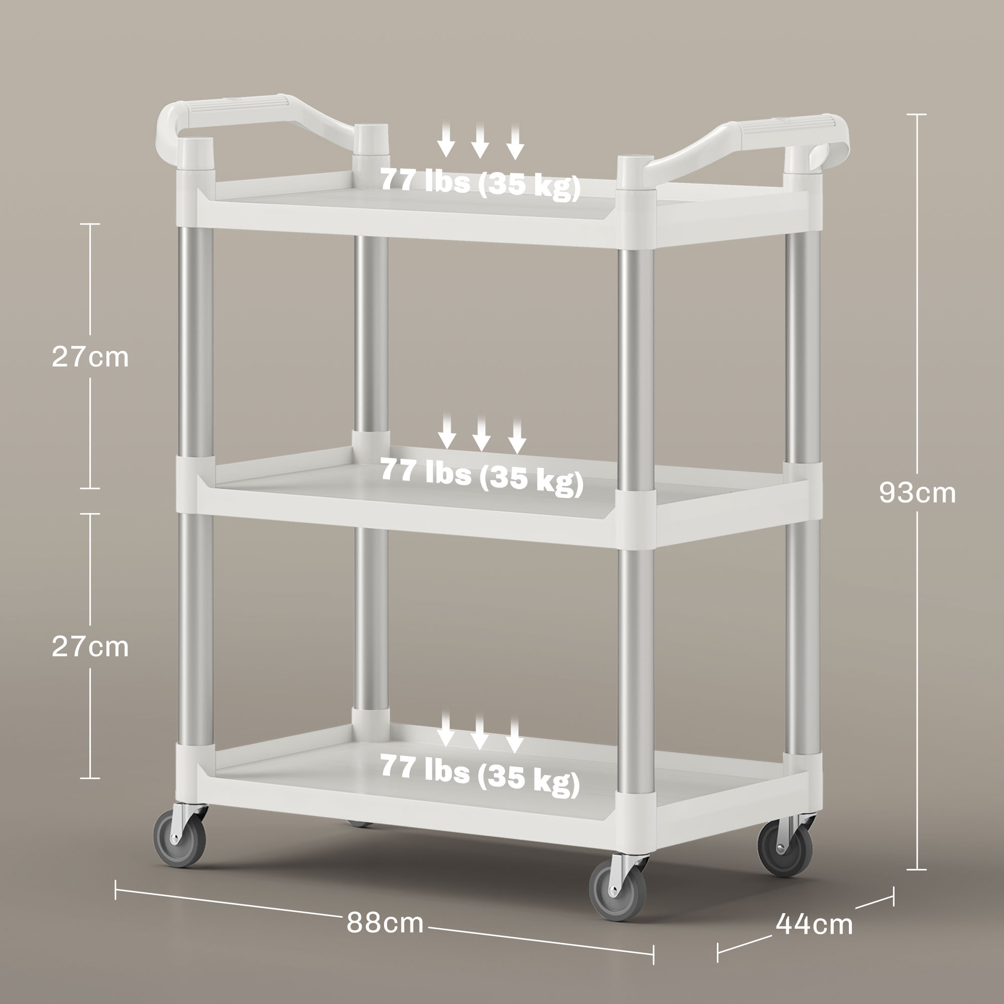 Un carrito blanco de tres niveles con soportes y ruedas metálicas, con dimensiones y capacidad de 35 kg.