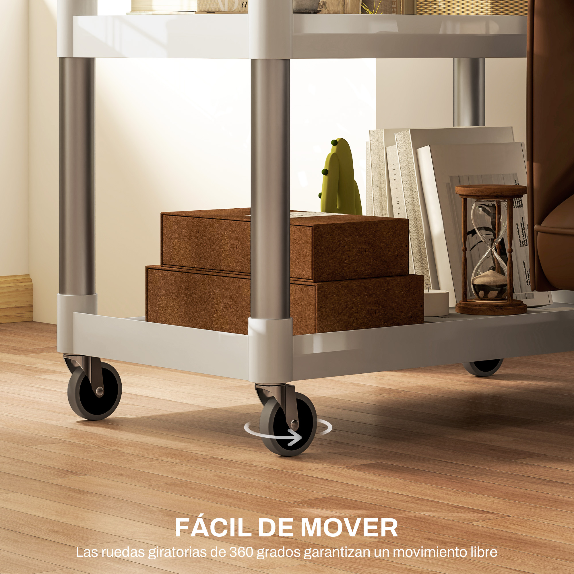 Carro blanco con ruedas en suelo de madera, con cajas marrones, libros y reloj de arena.