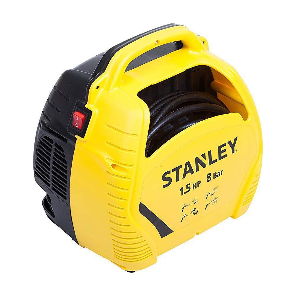 Un compresor de aire portátil Stanley amarillo y negro con 1.5 HP y 8 bar sobre un fondo blanco.