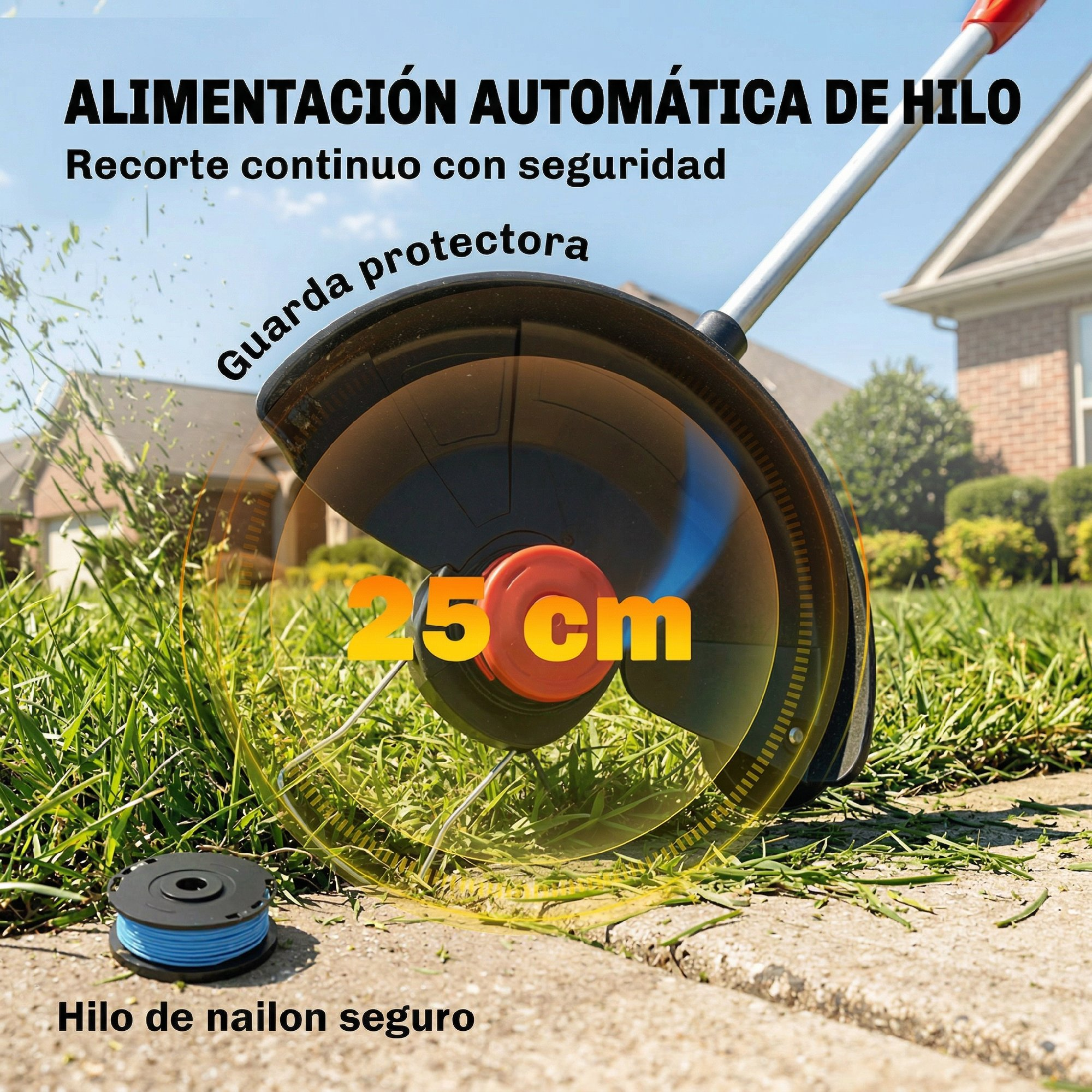Una recortadora de hilo con protector corta césped, con un carrete de hilo de nailon azul cerca en el suelo.