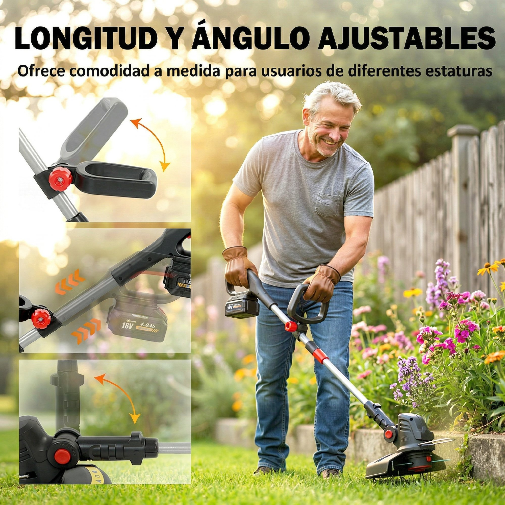 Un hombre usa un cortabordes ajustable en un jardín, con paneles insertados que muestran ajustes.