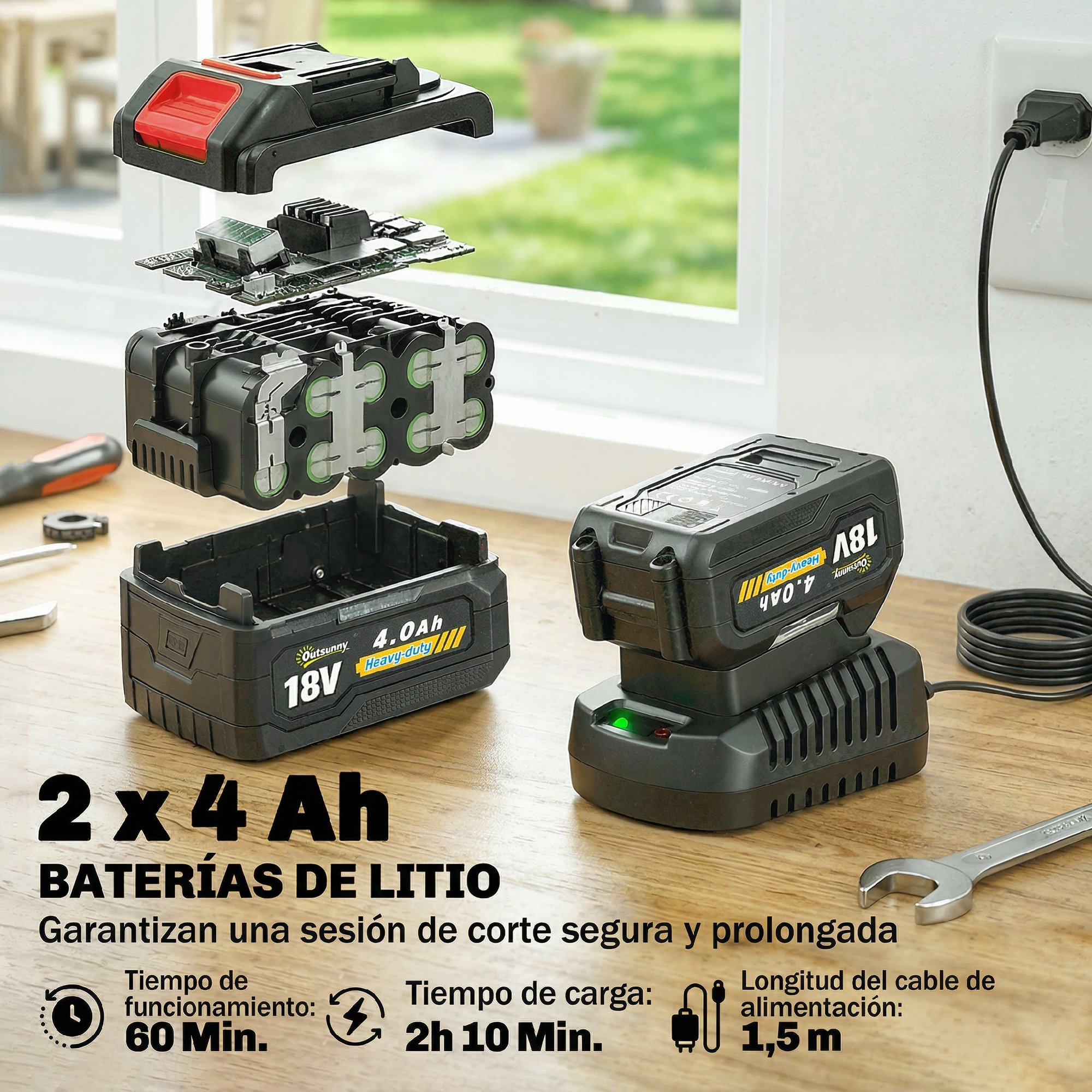 Vista explosionada de una batería de litio de 18V y estación de carga en una mesa de madera con texto.
