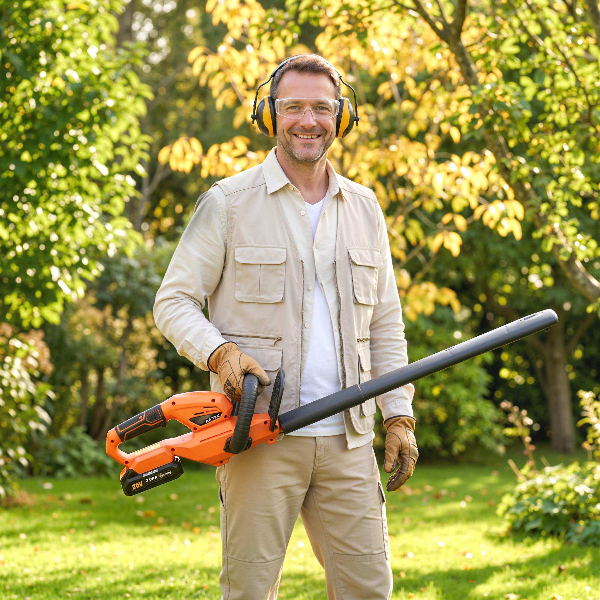Hombre con equipo de protección, orejeras y gafas de seguridad sostiene un sopladora de hojas naranja en un jardín.