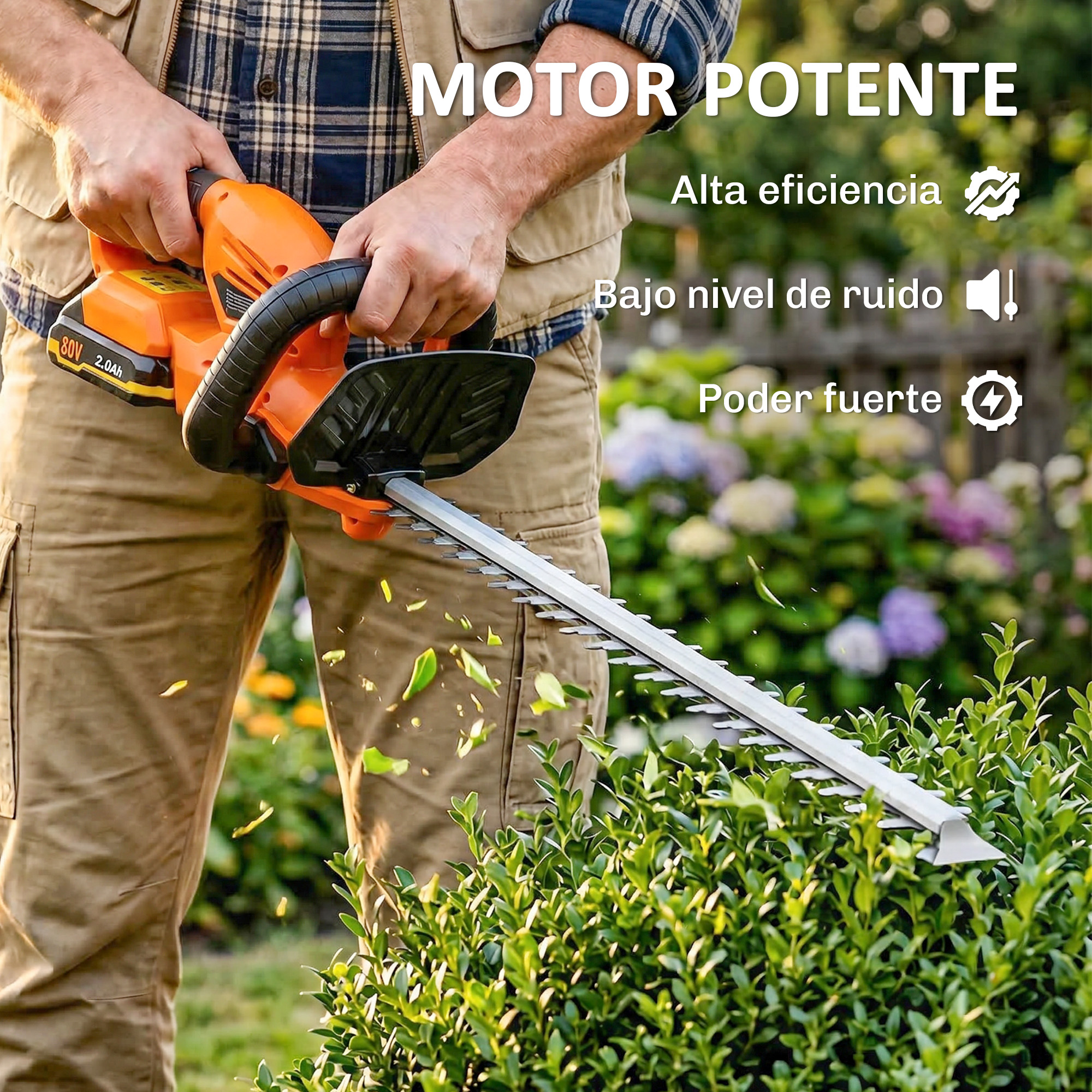 Una persona usa un cortasetos inalámbrico naranja para cortar arbustos verdes en un jardín.