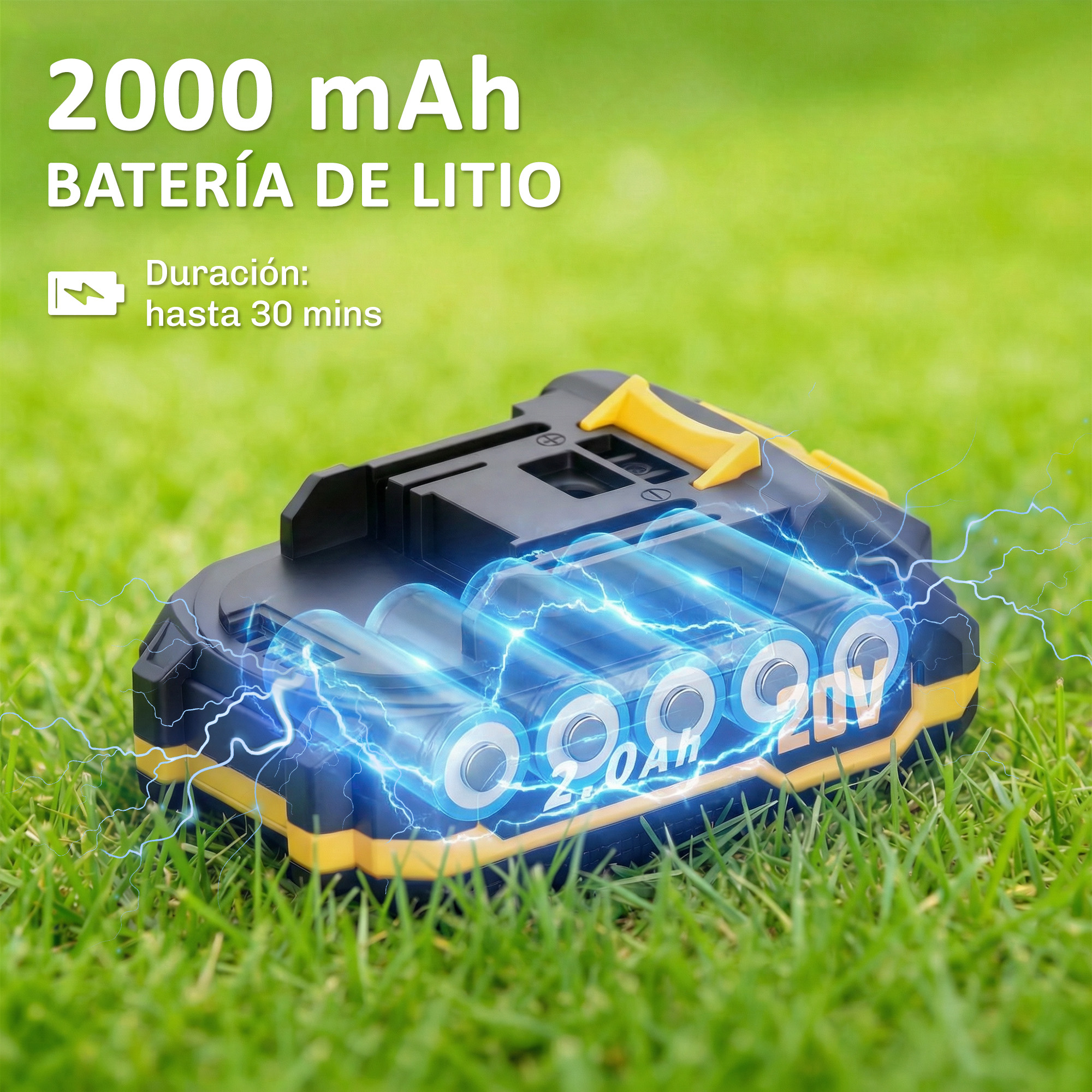 Una batería de litio de 2000 mAh con celdas internas visibles y gráficos de electricidad azul sobre césped verde.