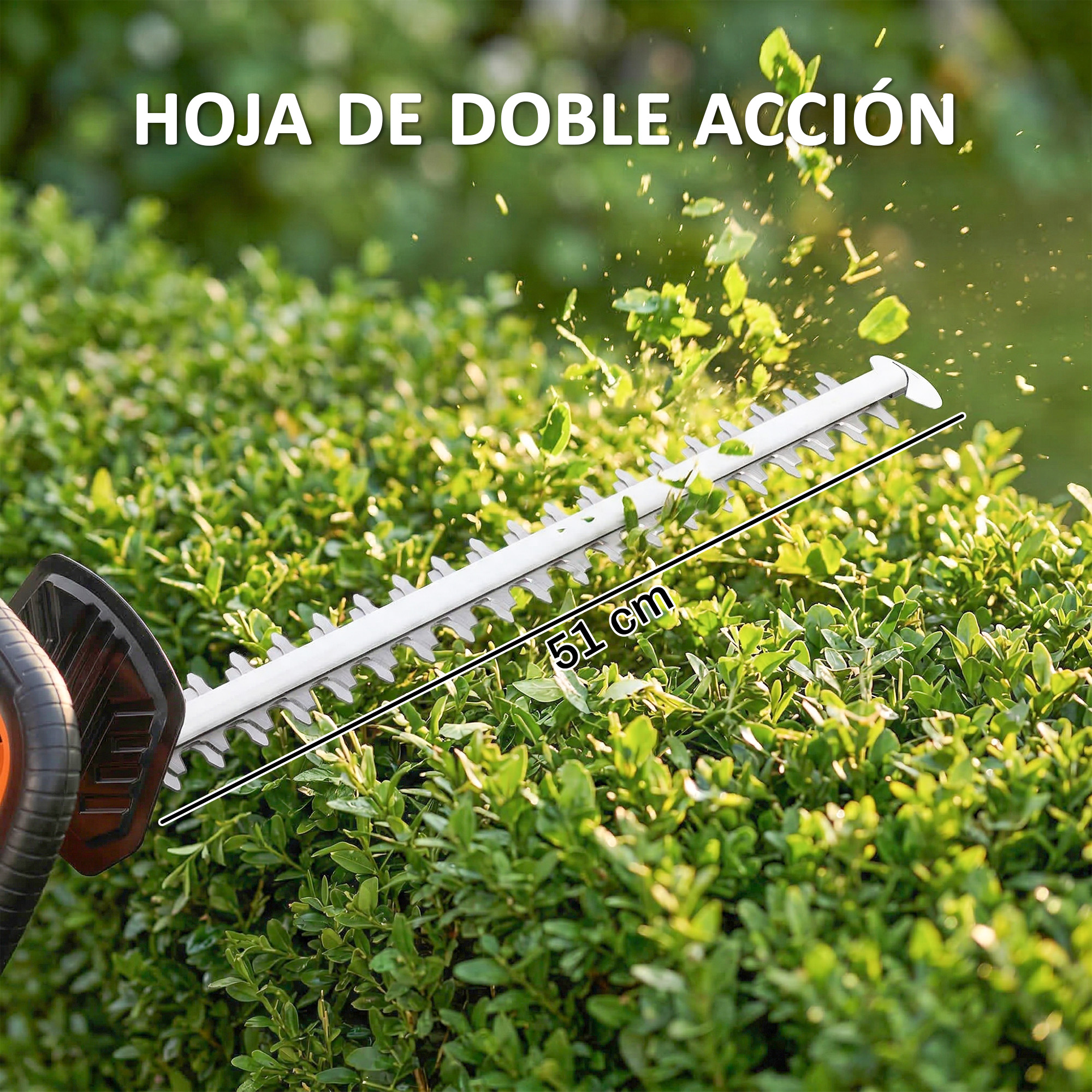 Un cortasetos corta hojas verdes, con texto arriba.