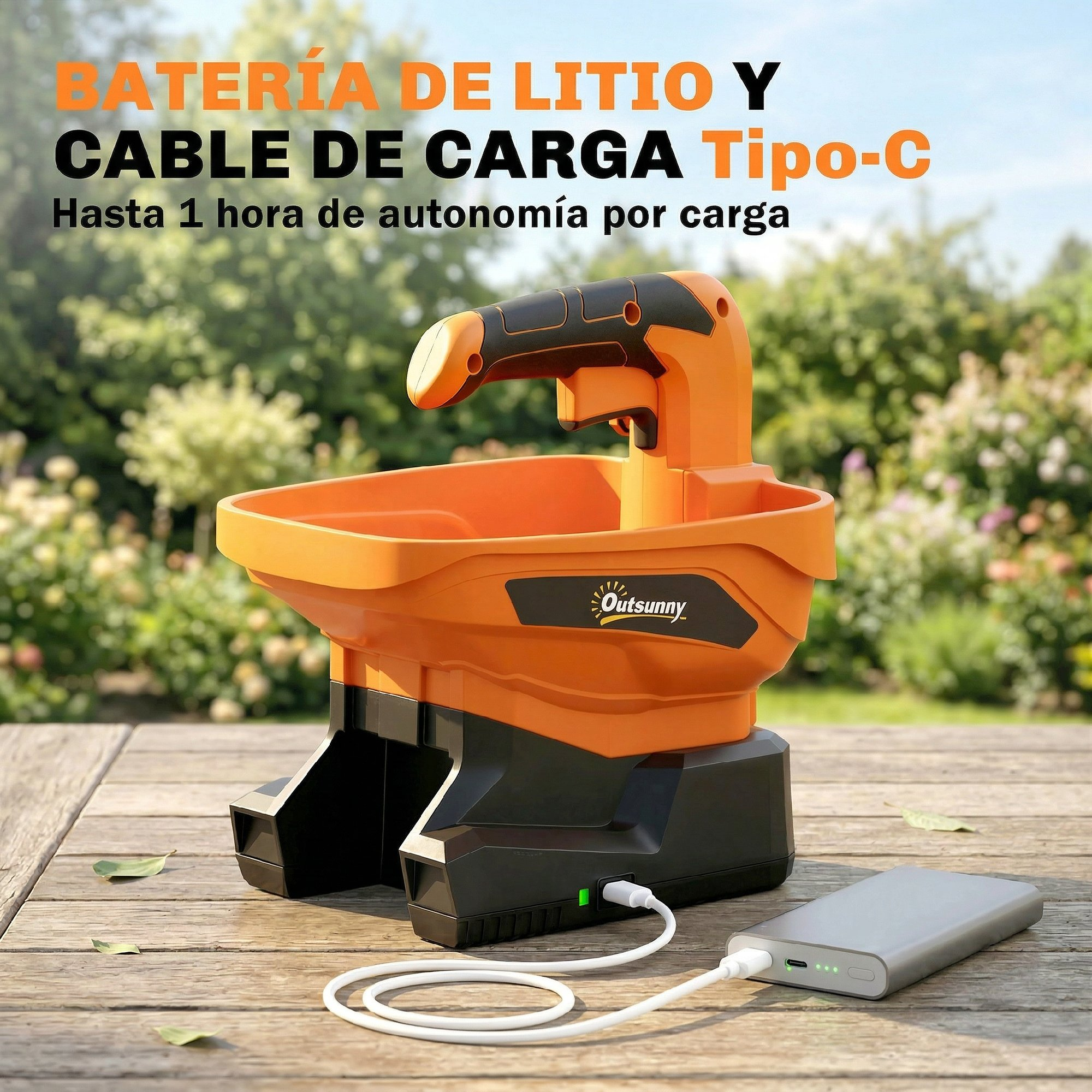 Dispensador a batería Outsunny naranja con cable de carga en superficie de madera frente a fondo de jardín.