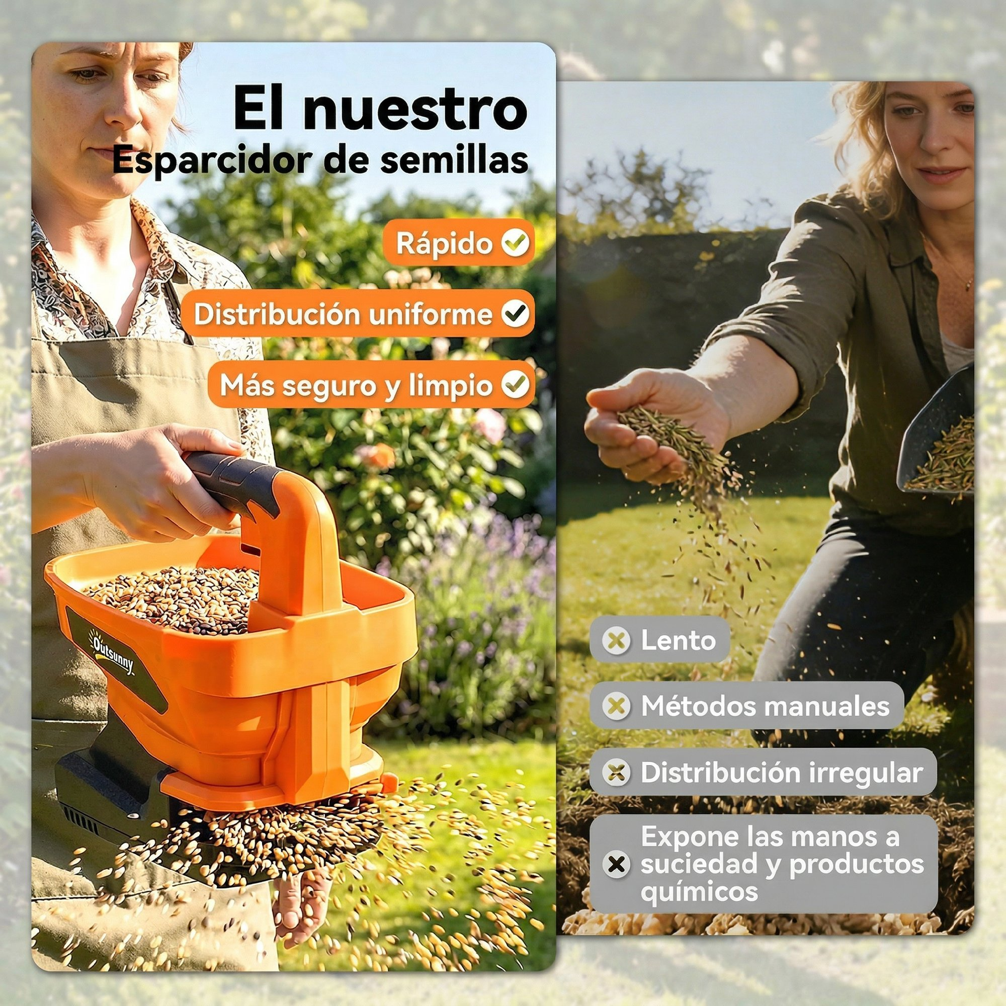 Comparación de una persona usando un esparcidor de semillas naranja versus a mano.