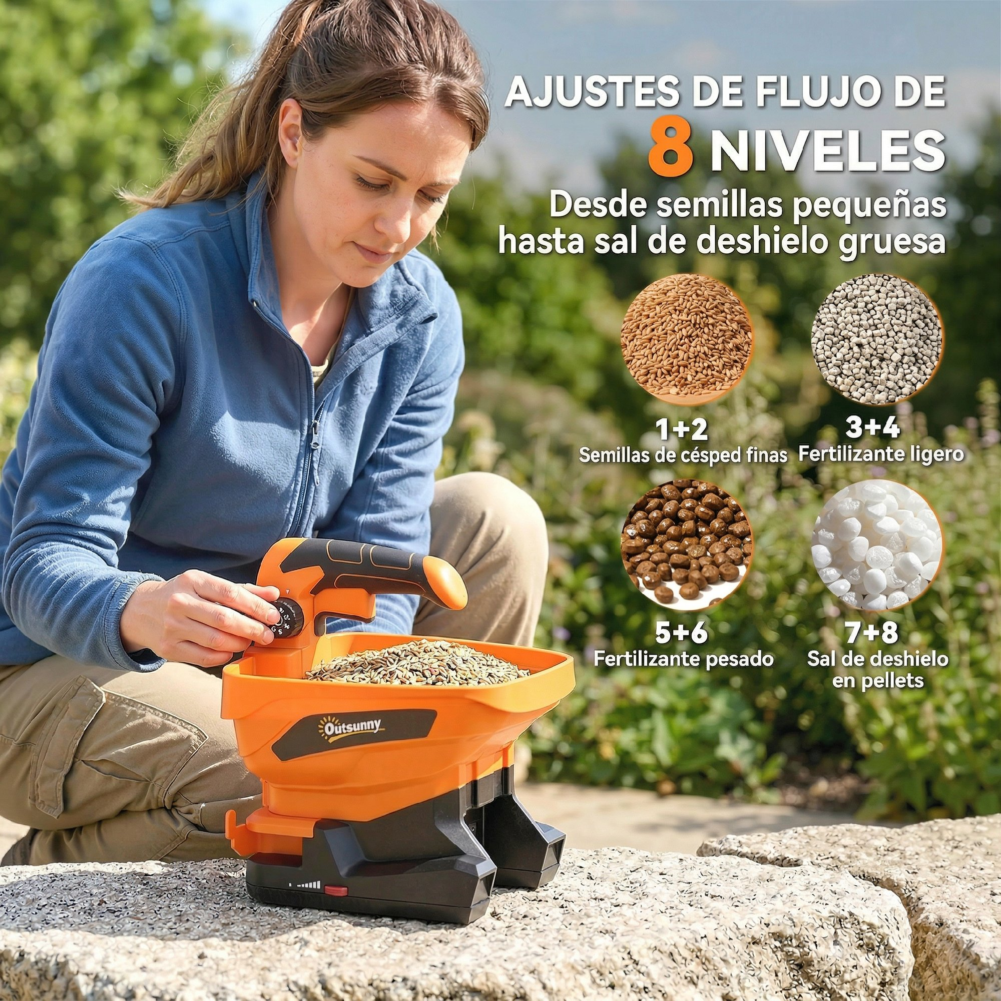 Una mujer con top azul sostiene un esparcidor naranja con 8 niveles para semillas y sal.