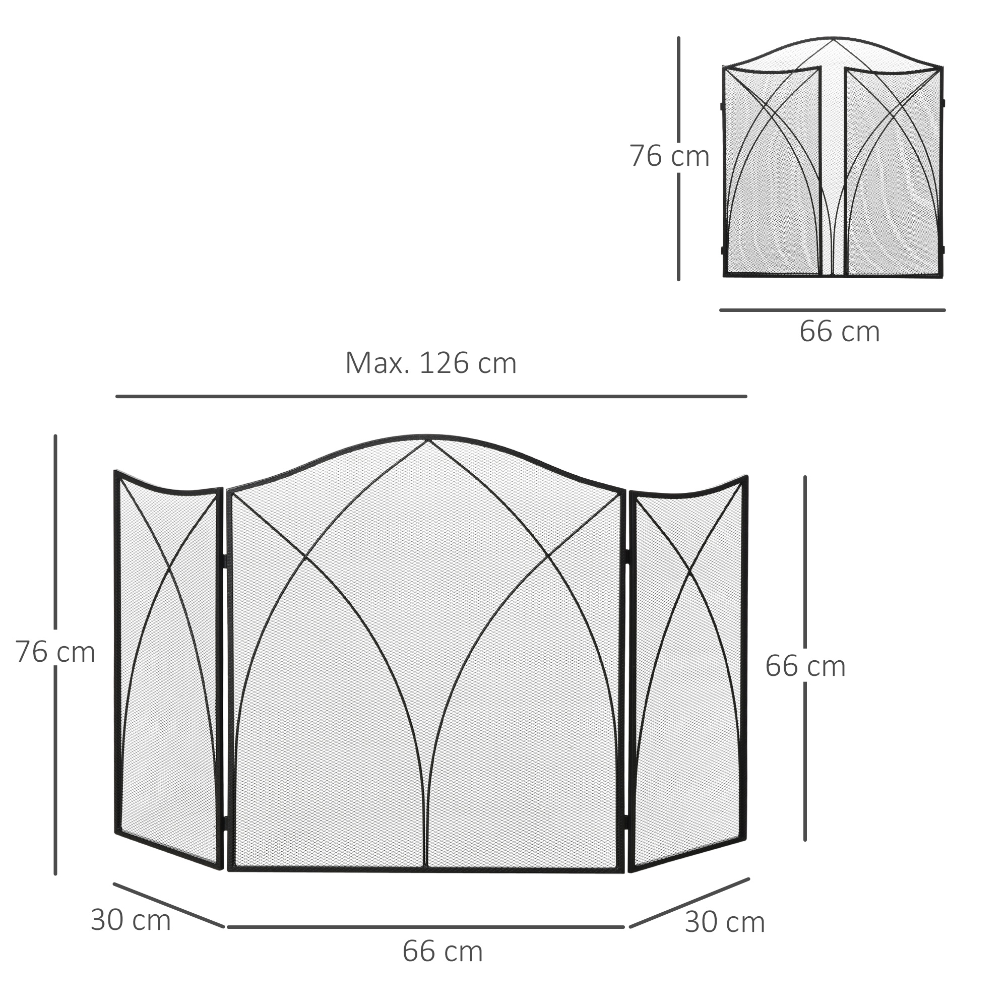 Dibujo técnico de una pantalla de chimenea de tres paneles con dimensiones en centímetros sobre fondo blanco.