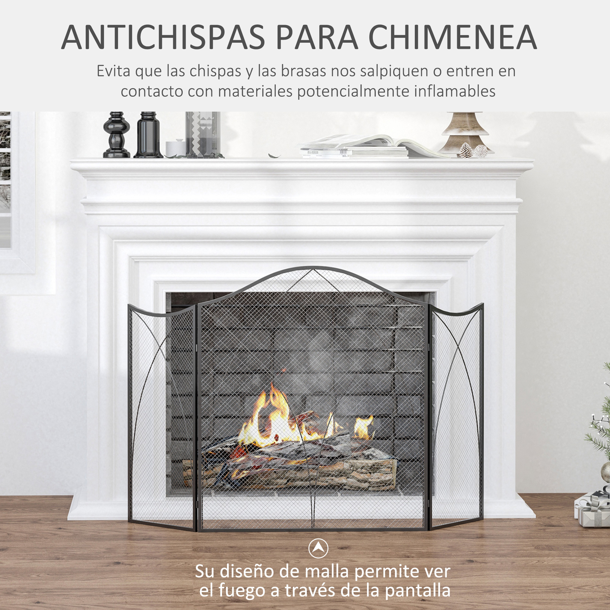 Una pantalla de chimenea negra de tres paneles se encuentra frente a una repisa blanca con fuego.