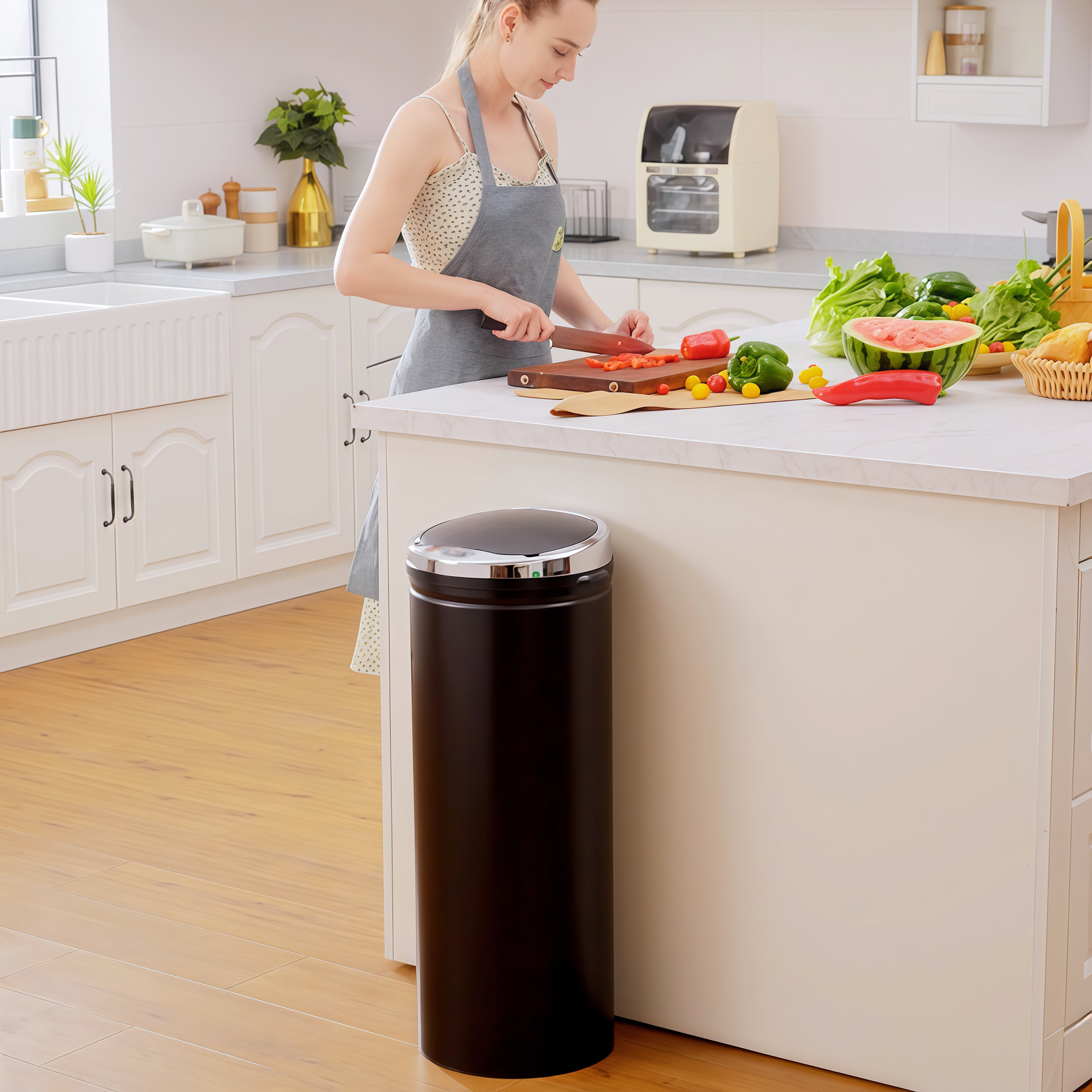 Una mujer con delantal corta verduras en una cocina luminosa junto a un cubo de basura negro.
