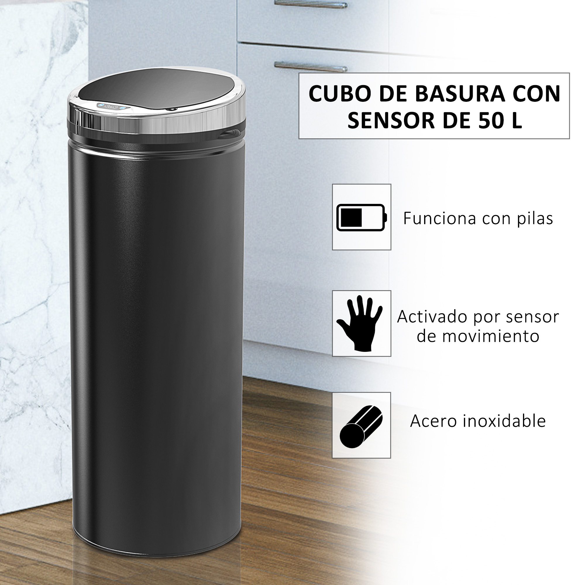 Cubo de basura negro con sensor de 50L y borde plateado frente a una cocina, destacando batería, movimiento y acero.