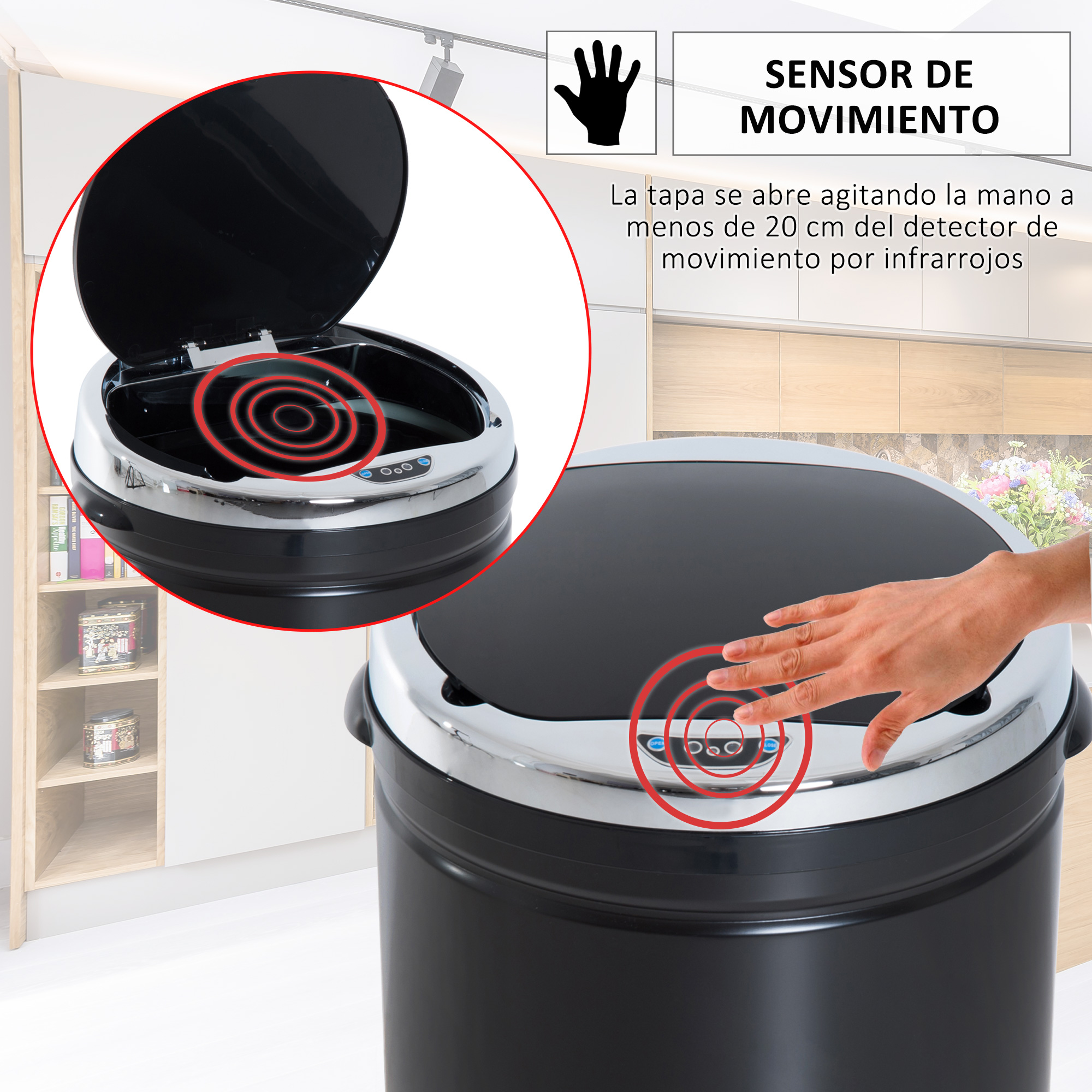 Un cubo de basura automático negro con sensor de movimiento y tapa que se abre.