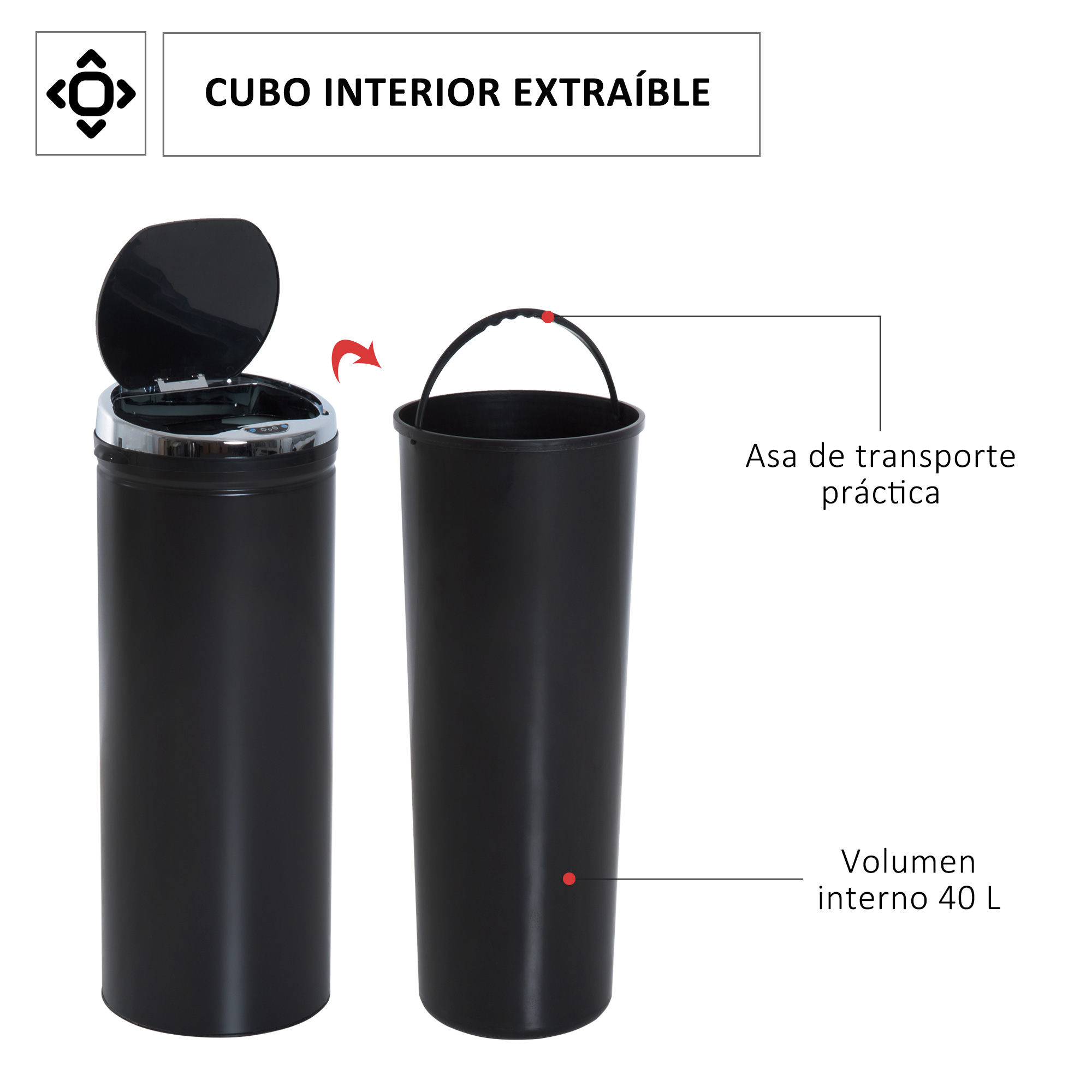 Cubo de basura negro con tapa abierta y cubo interior extraíble de 40 litros con asa de transporte.