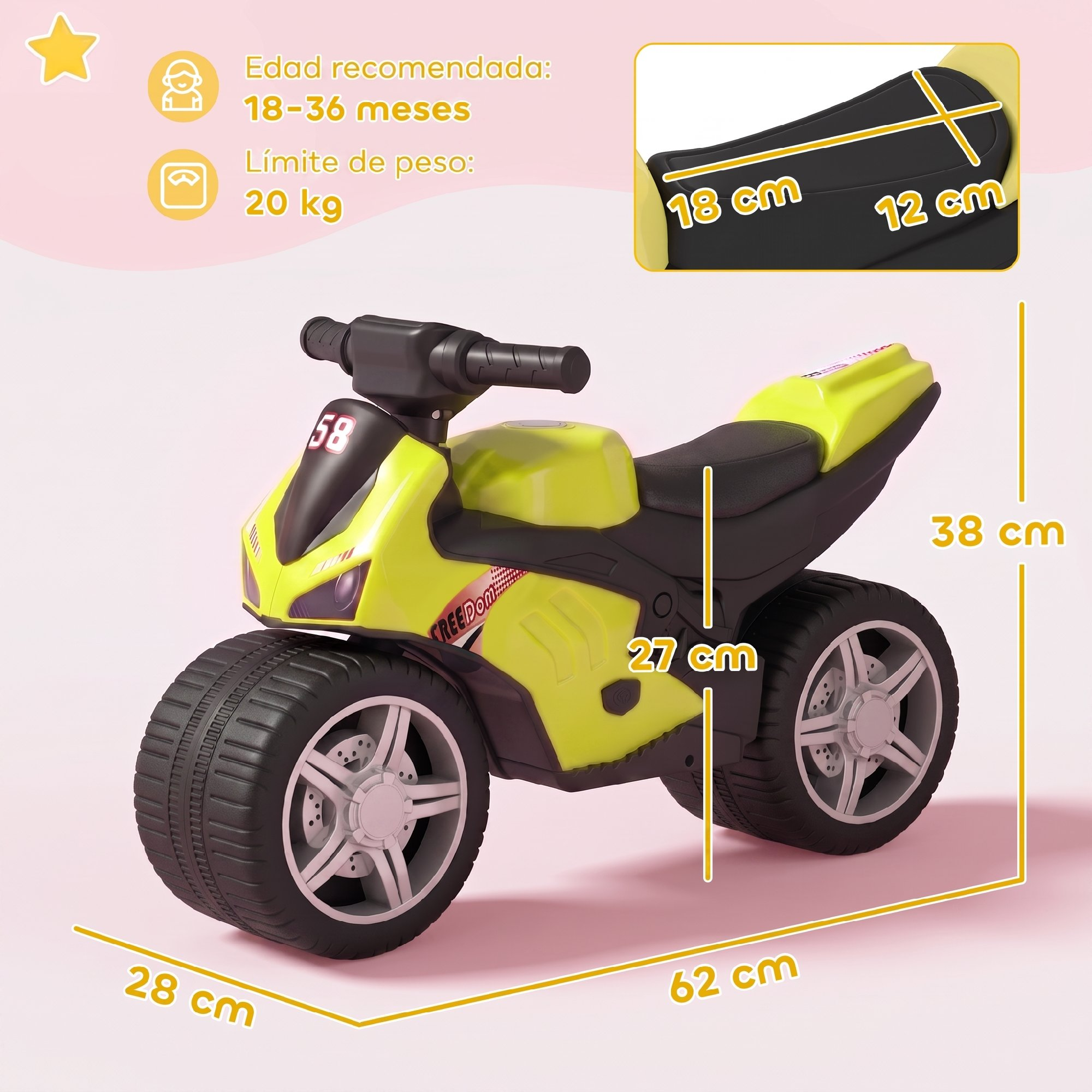 Motocicleta de juguete amarilla y negra con dimensiones e iconos de edad.