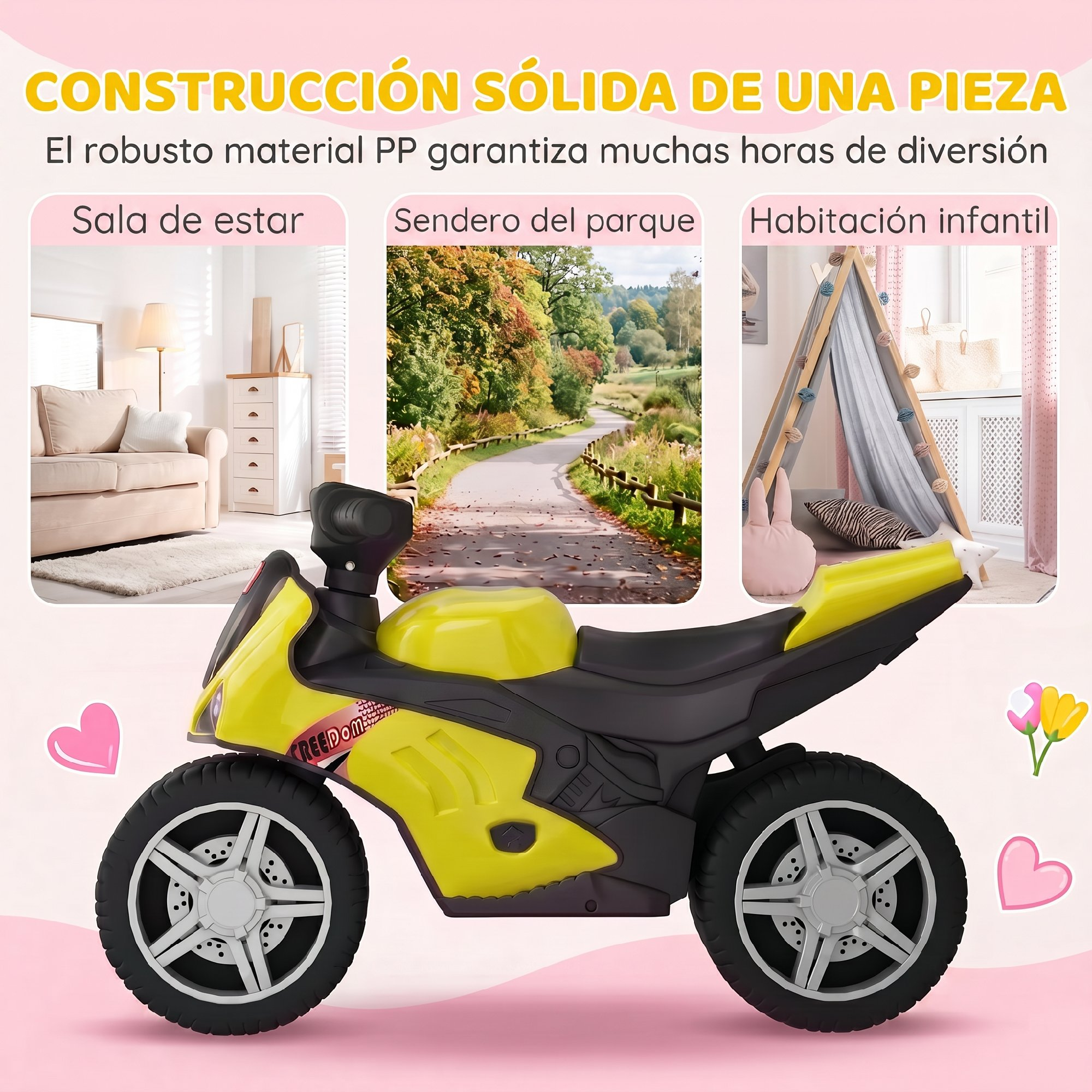 Motocicleta de juguete amarilla para niños con tres fotos de uso arriba.