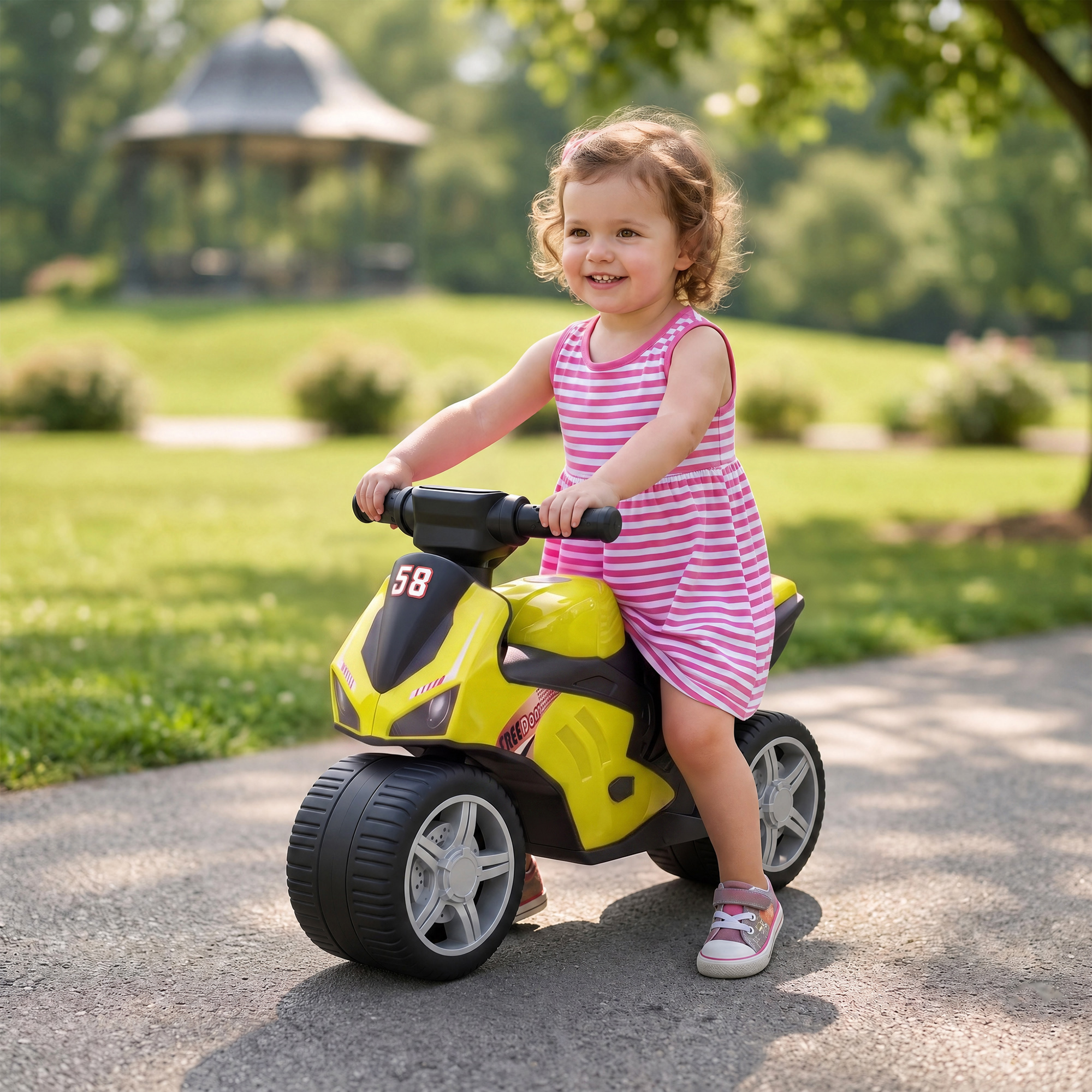 Una niña monta en una motocicleta de juguete amarilla en un parque.