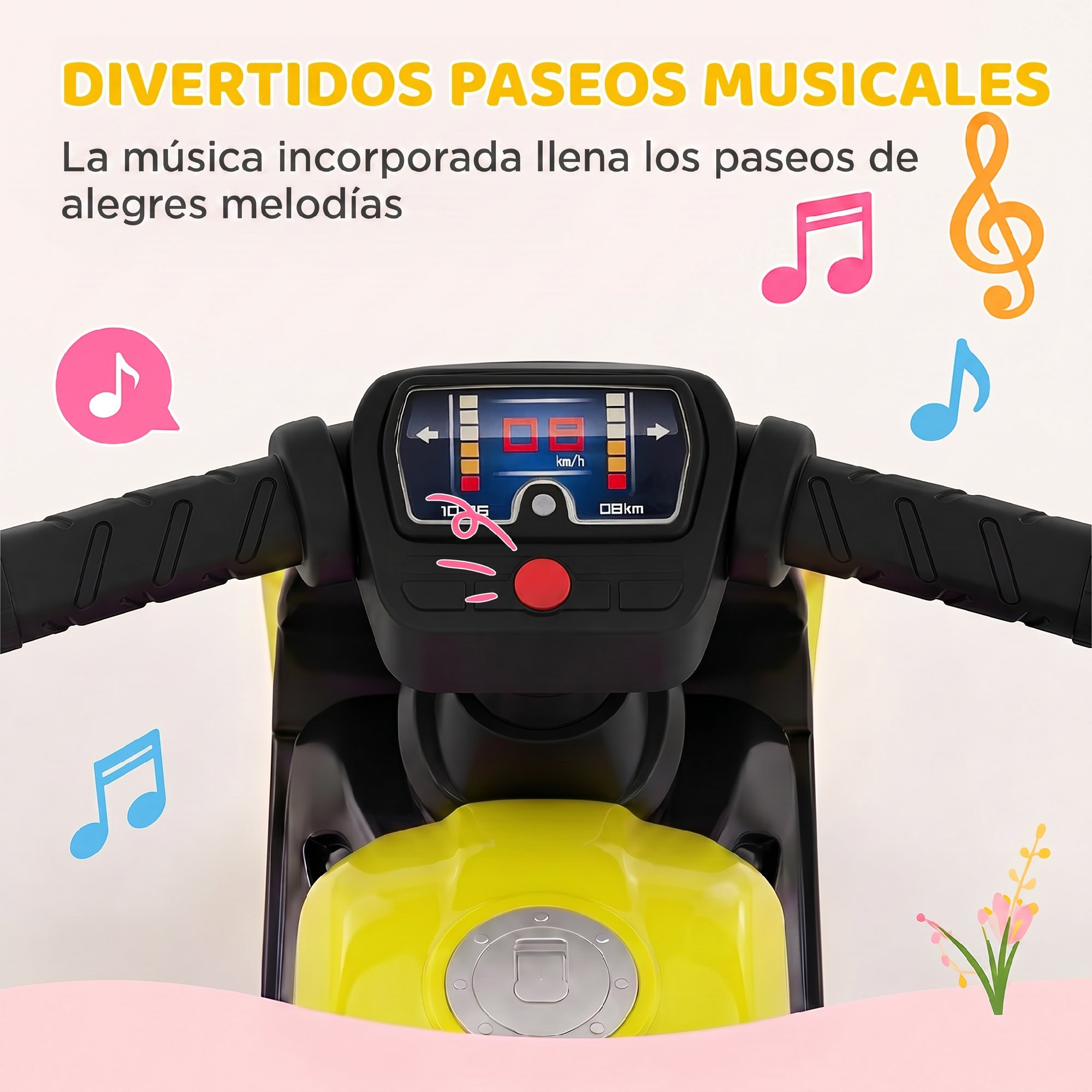 Manillar de moto de juguete para niños con pantalla digital, botón rojo e iconos de notas musicales.