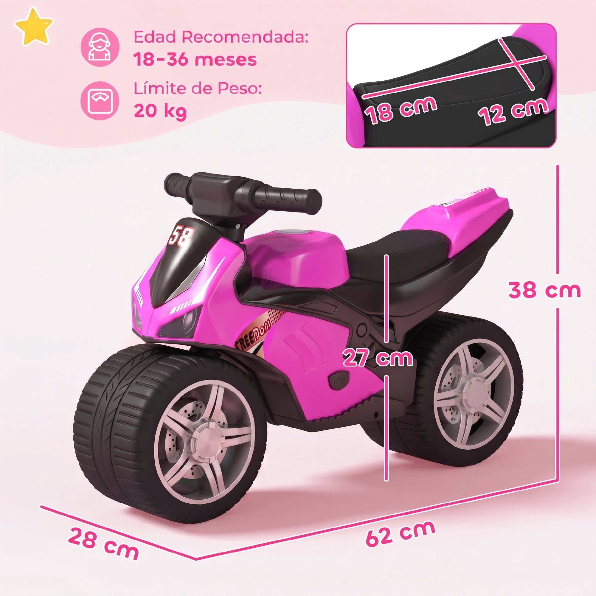 Moto de juguete rosa y negra con dimensiones y recomendaciones de edad sobre fondo rosa.