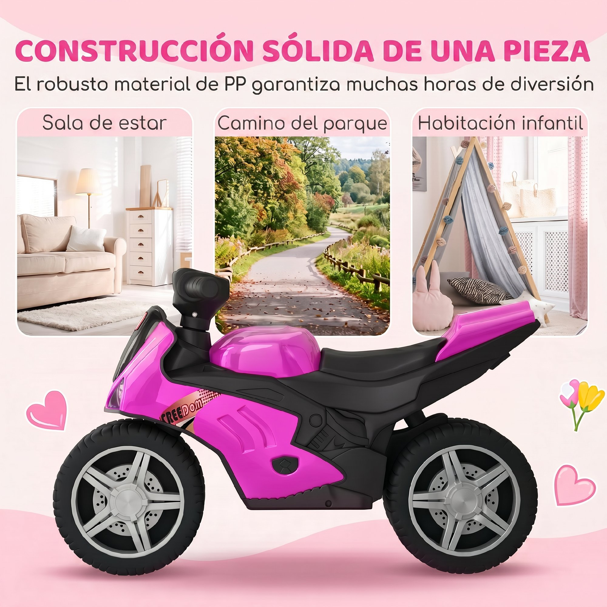 Moto de juguete rosa y negra con tres fotos que muestran una sala de estar, un camino de parque y una habitación.