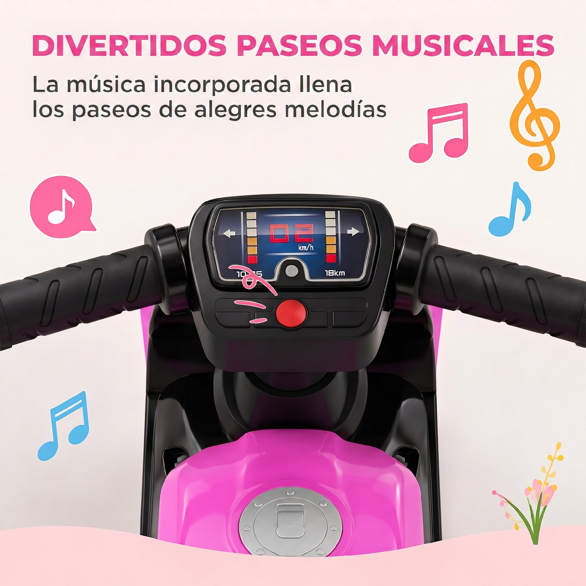 Primer plano del manillar de una moto de juguete rosa con iconos de instrumentos musicales y pantalla digital.