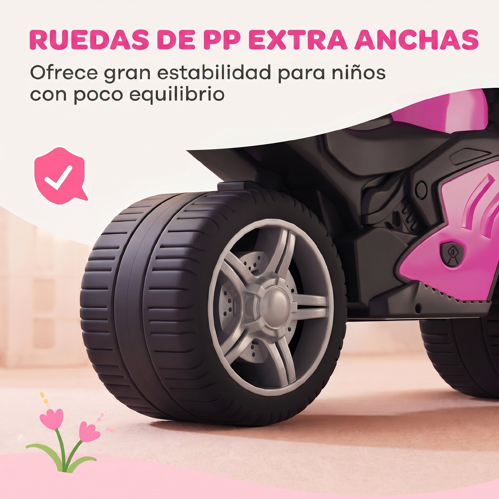 Ruedas anchas de PP en una moto infantil rosa y negra para mayor estabilidad.