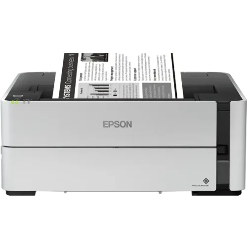 Una stampante Epson bianca che stampa un documento che emerge dalla parte superiore.