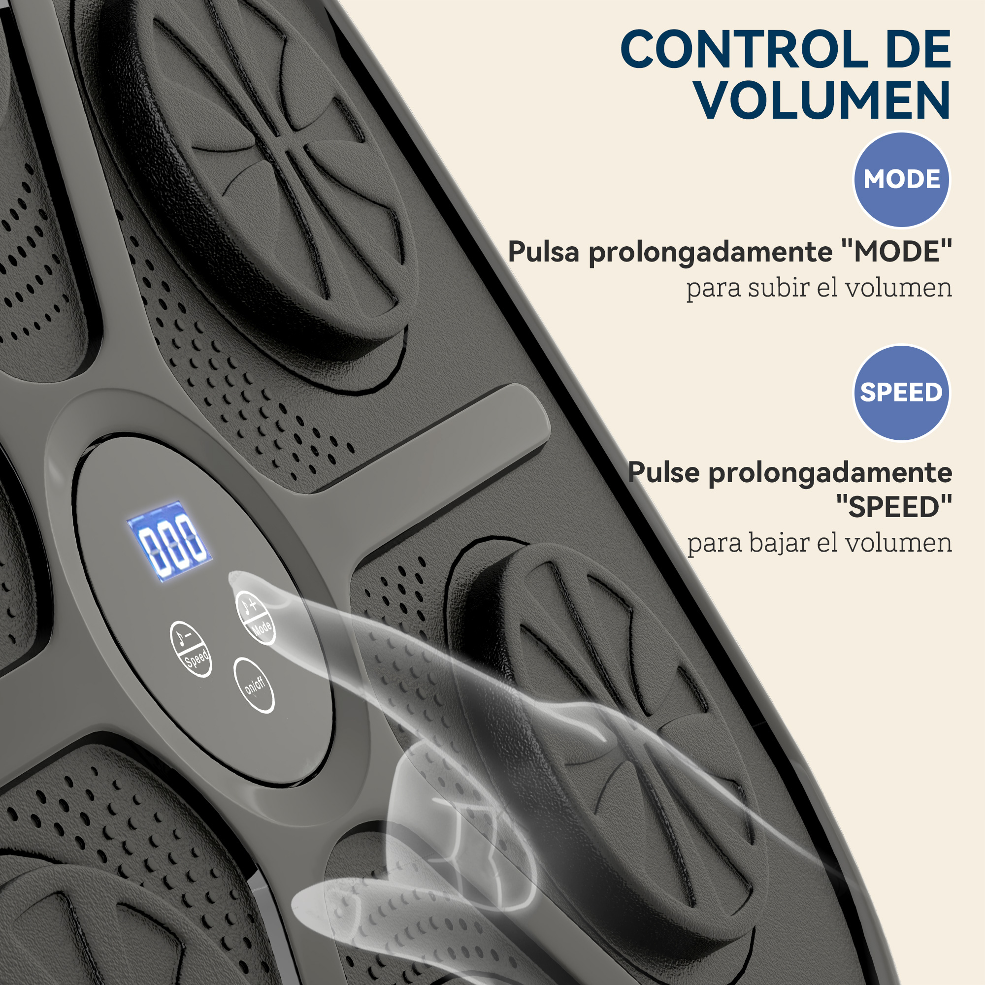 Instrucciones de control de volumen en un dispositivo de fitness negro con pantalla digital.