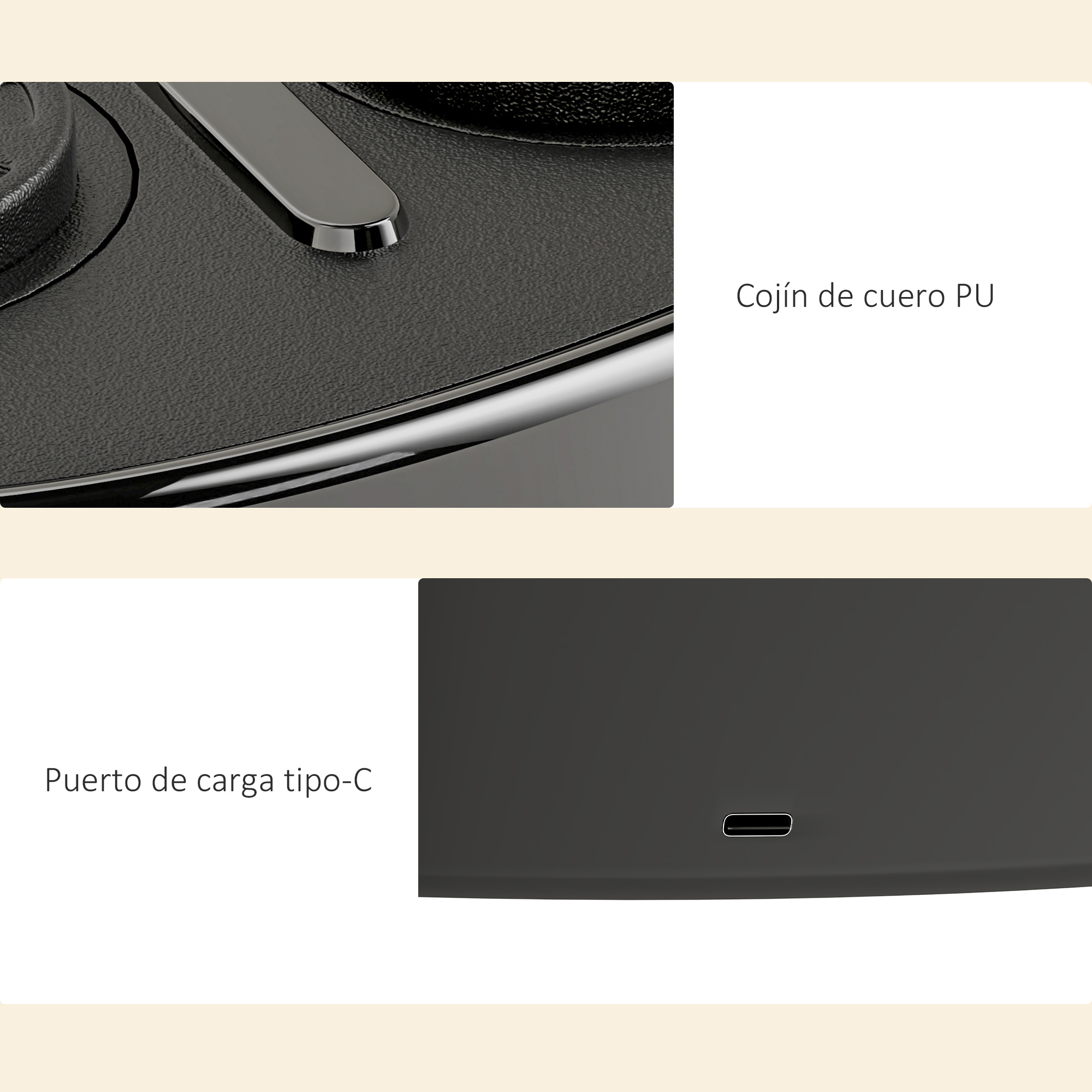 Primer plano que muestra el cojín de cuero PU y el puerto USB-C.