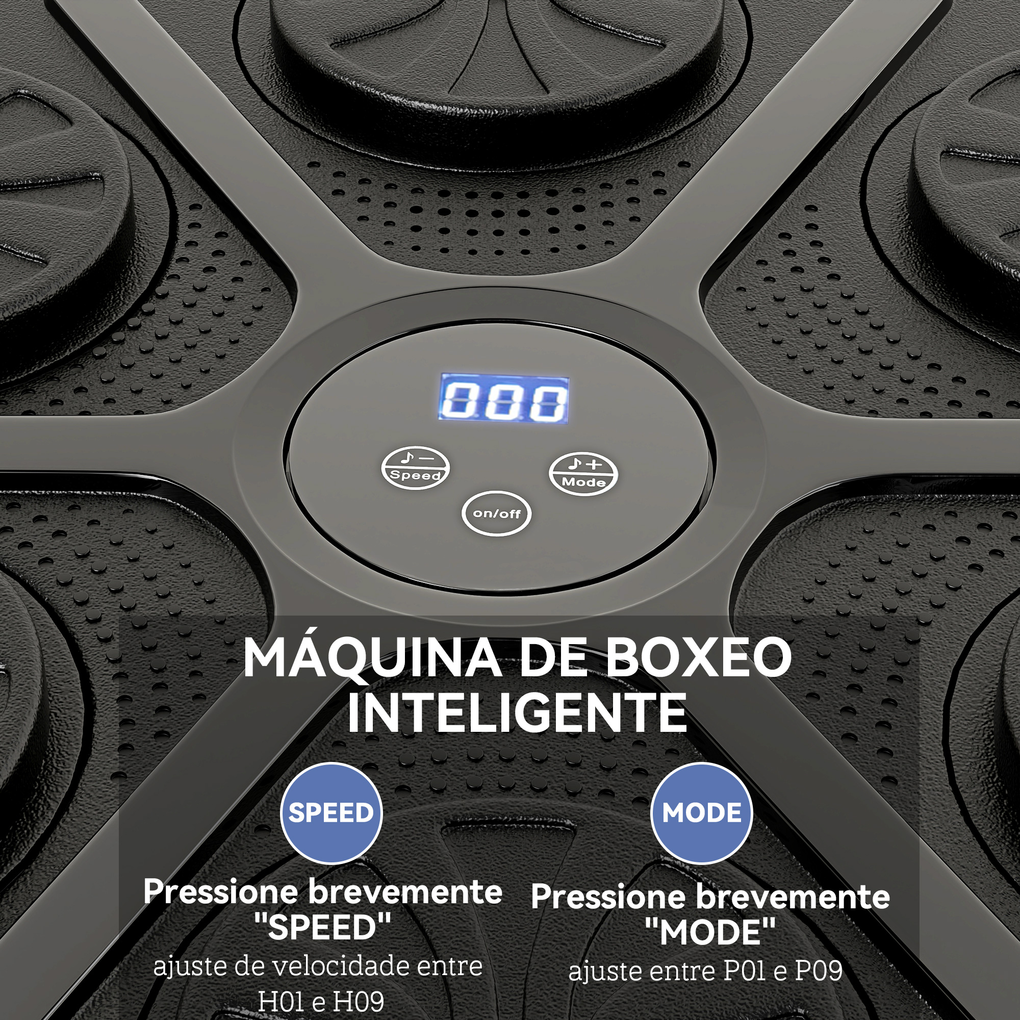 Primer plano del panel de control de una máquina de boxeo inteligente con pantalla digital y texto en portugués.