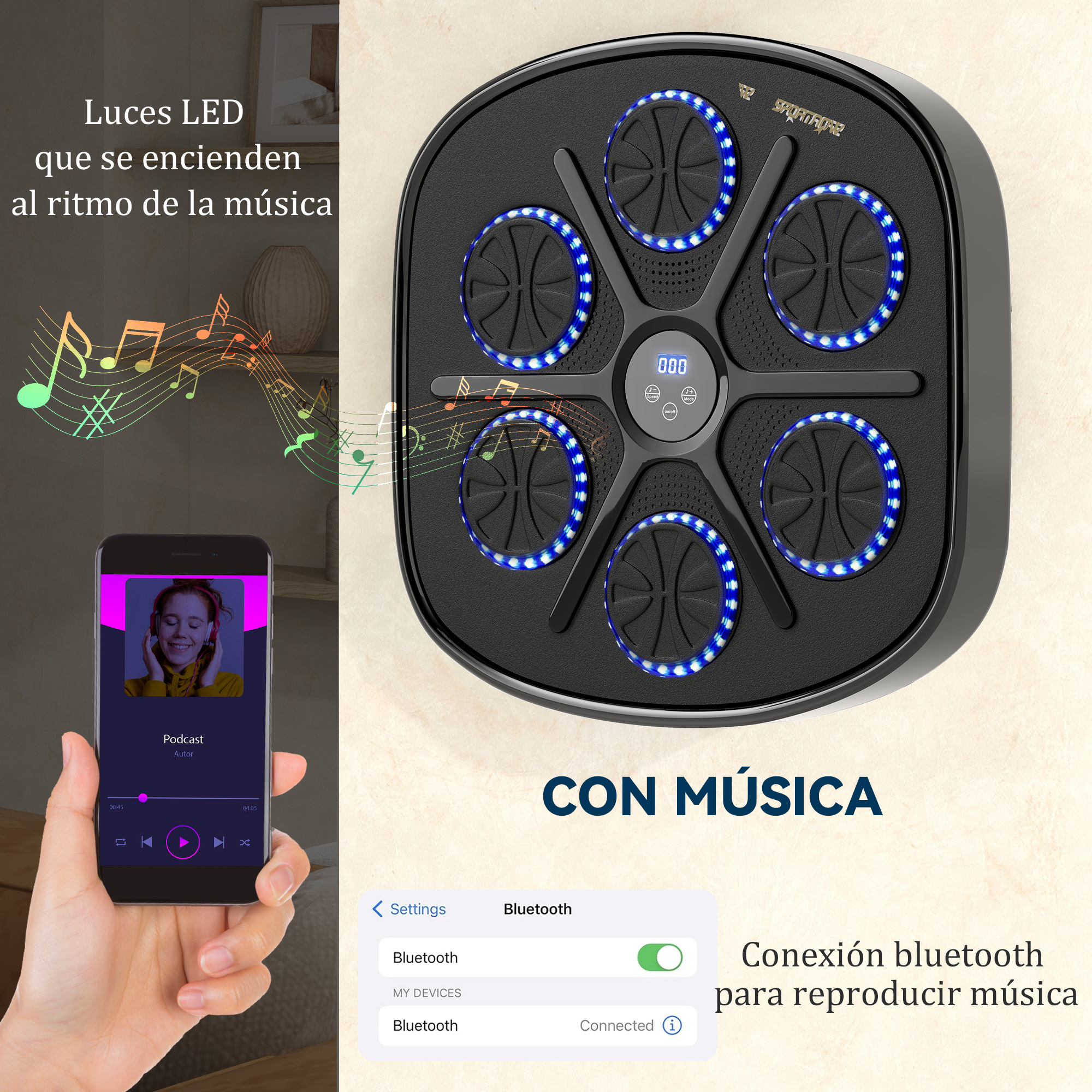Almohadilla de boxeo de pared con luces LED azules, conexión Bluetooth y móvil con música.