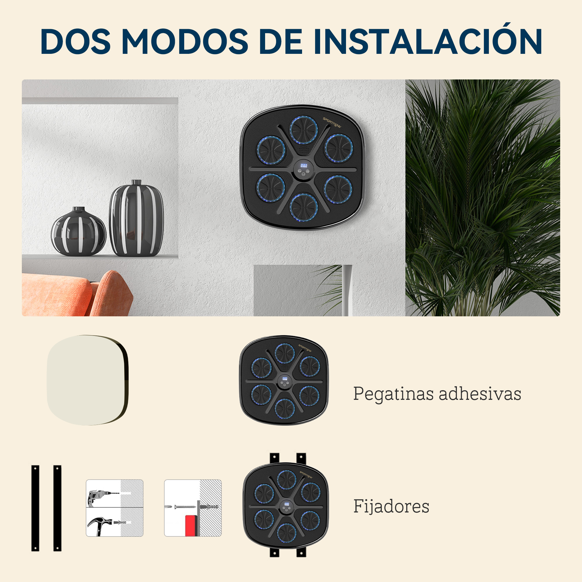 Guía de instalación para máquina de boxeo de pared con pegatinas y tornillos.