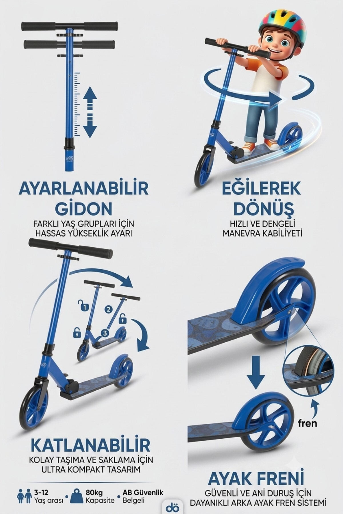 Ayarlanabilir gidon, katlanabilirlik, eğilerek dönüş ve ayak freni özelliklerini gösteren mavi çocuk scooter reklamı.