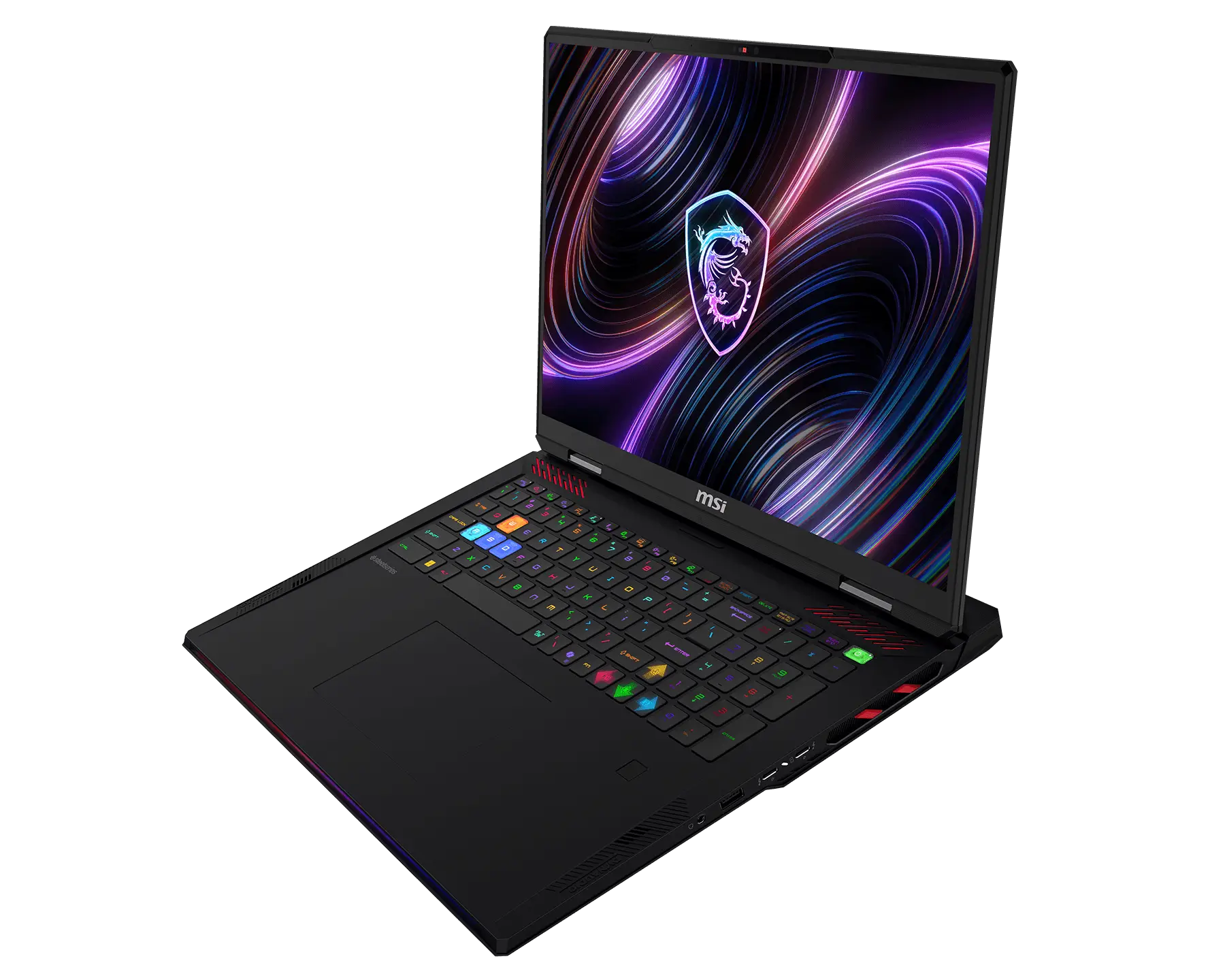 Un laptop da gioco nero con tastiera retroilluminata colorata e logo del drago sullo schermo su sfondo nero.