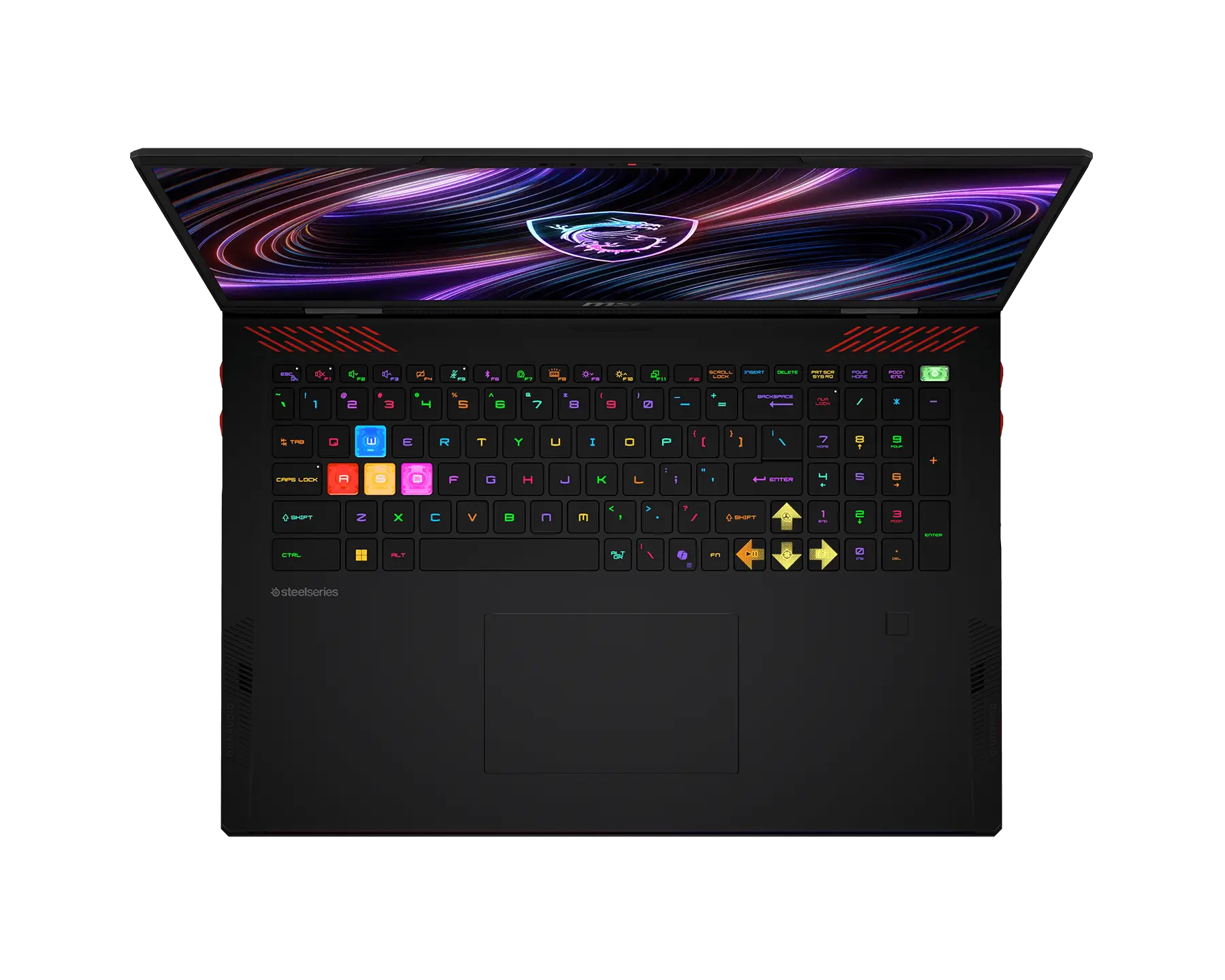 Un portatile da gioco nero con tastiera retroilluminata RGB colorata, logo illuminato e sfondo dello schermo astratto.