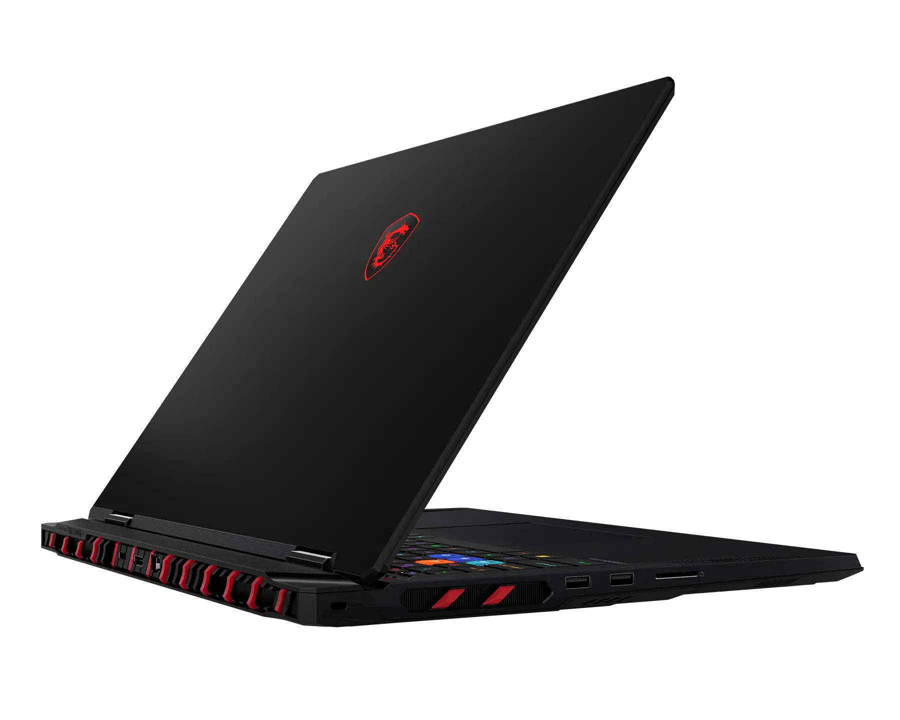 Un portatile da gioco nero con dettagli rossi e un logo del drago rosso illuminato su sfondo scuro.